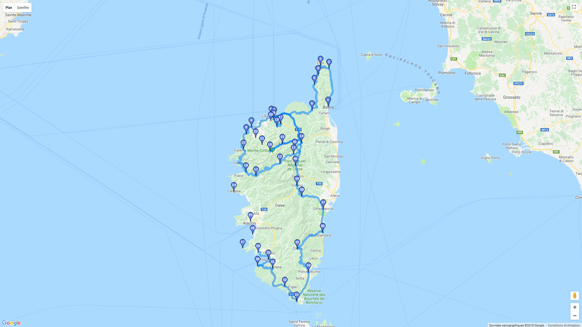 Pour zoomer sur la carte et avoir plus de détails, connectez-vous ! Carte roadbook La Corse en 6 jours