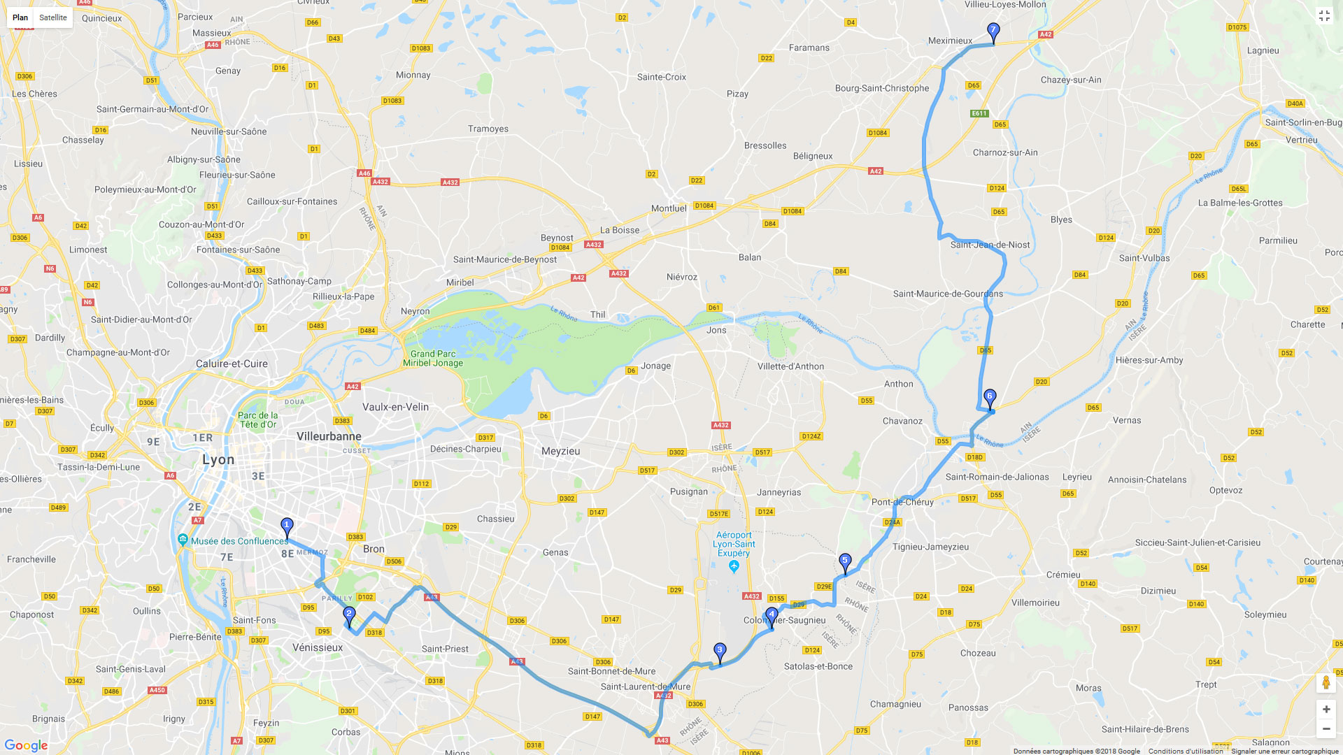 Pour zoomer sur la carte et avoir plus de détails, connectez-vous ! Carte roadbook Lyon - Meximieux