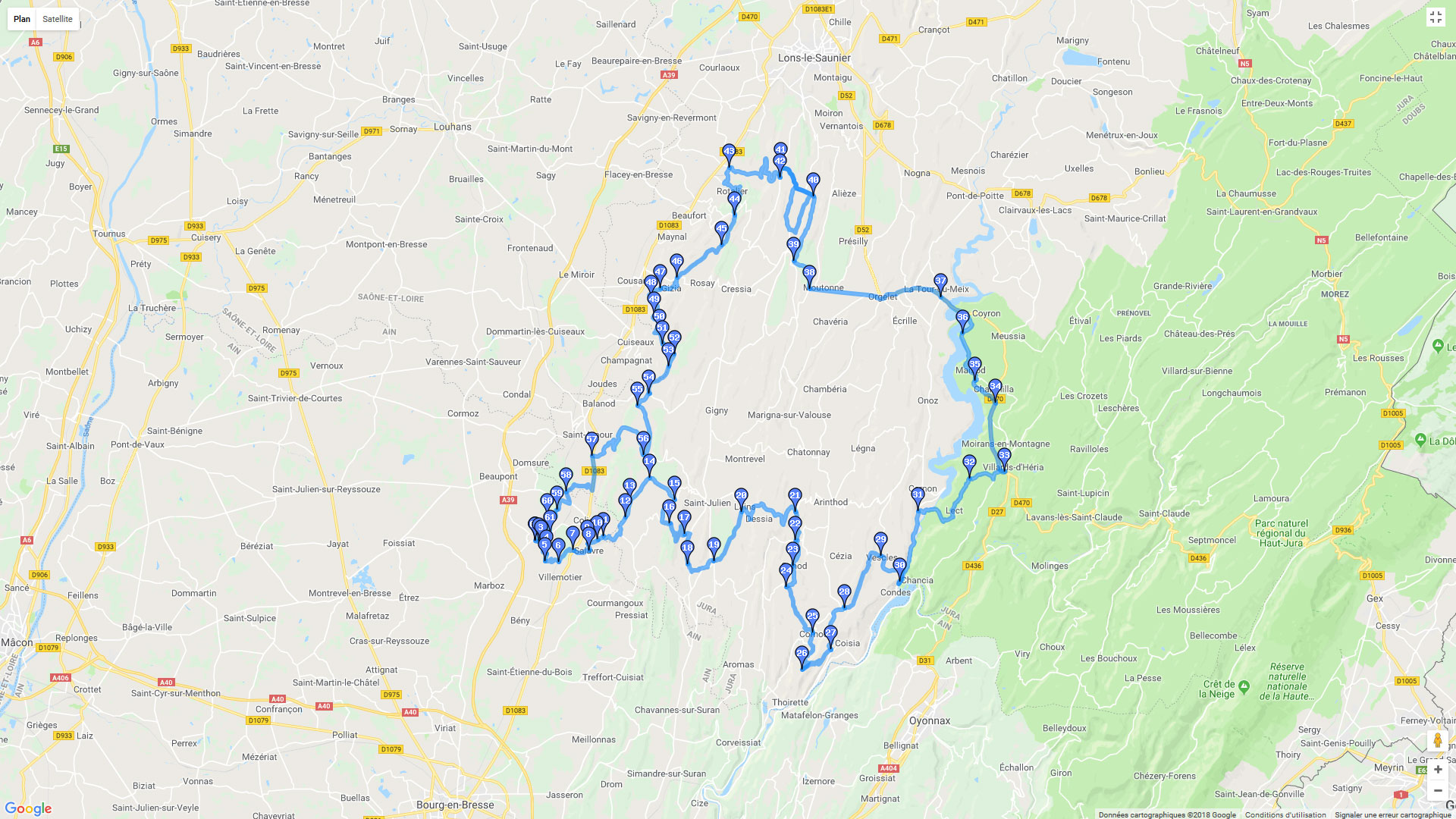 Pour zoomer sur la carte et avoir plus de détails, connectez-vous ! Carte roadbook Grande boucle du Jura
