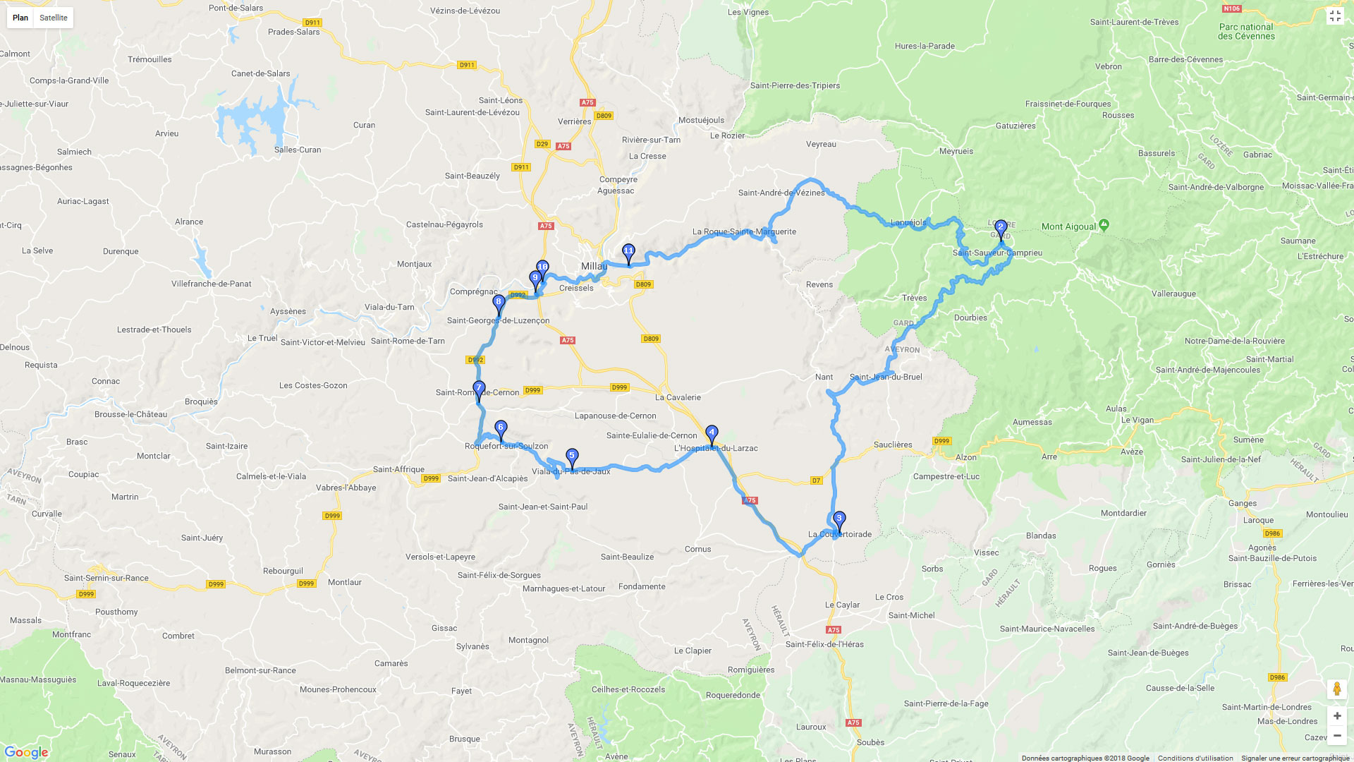 Pour zoomer sur la carte et avoir plus de détails, connectez-vous ! Carte roadbook Voyage à Millau - Etape3