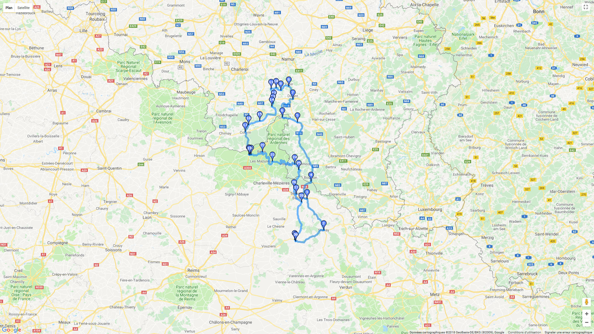 Pour zoomer sur la carte et avoir plus de détails, connectez-vous ! Carte roadbook La Grande Boucle des Ardennes
