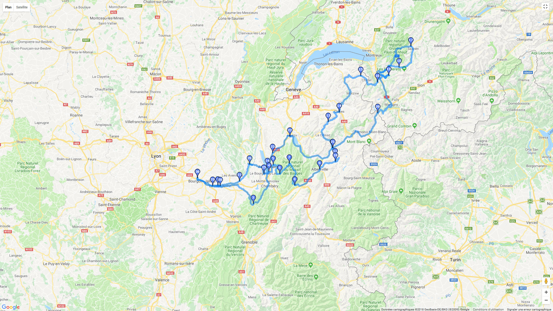 Pour zoomer sur la carte et avoir plus de détails, connectez-vous ! Carte roadbook Virée Savoie et Suisse