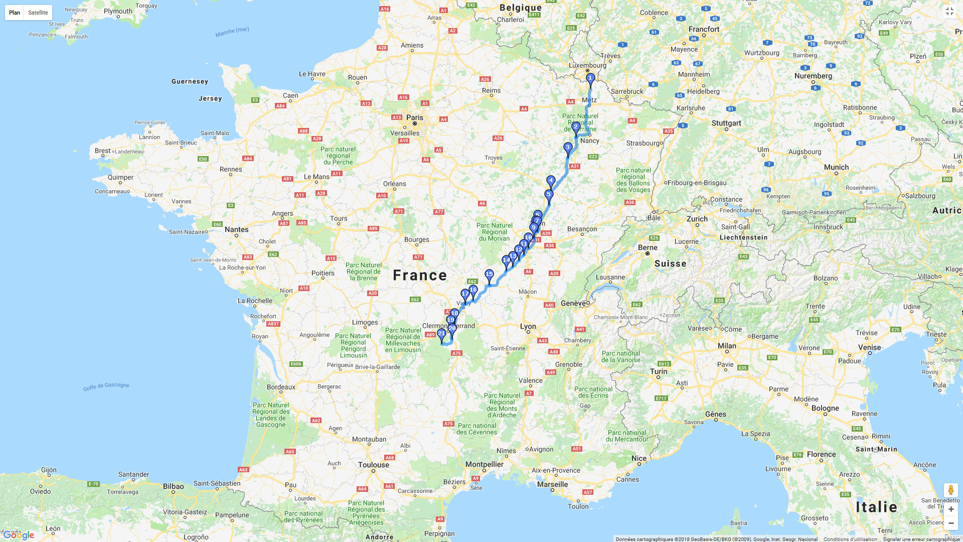 Pour zoomer sur la carte et avoir plus de détails, connectez-vous ! Carte roadbook De Thionville aux monts d'Auvergne