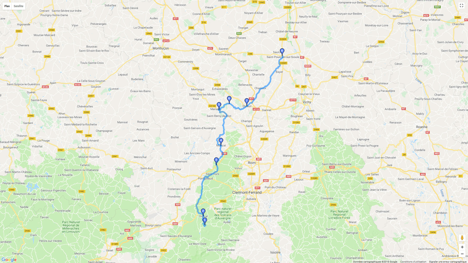Pour zoomer sur la carte et avoir plus de détails, connectez-vous ! Carte roadbook Du lac Servières à Saint-Pourçain sur Sioule