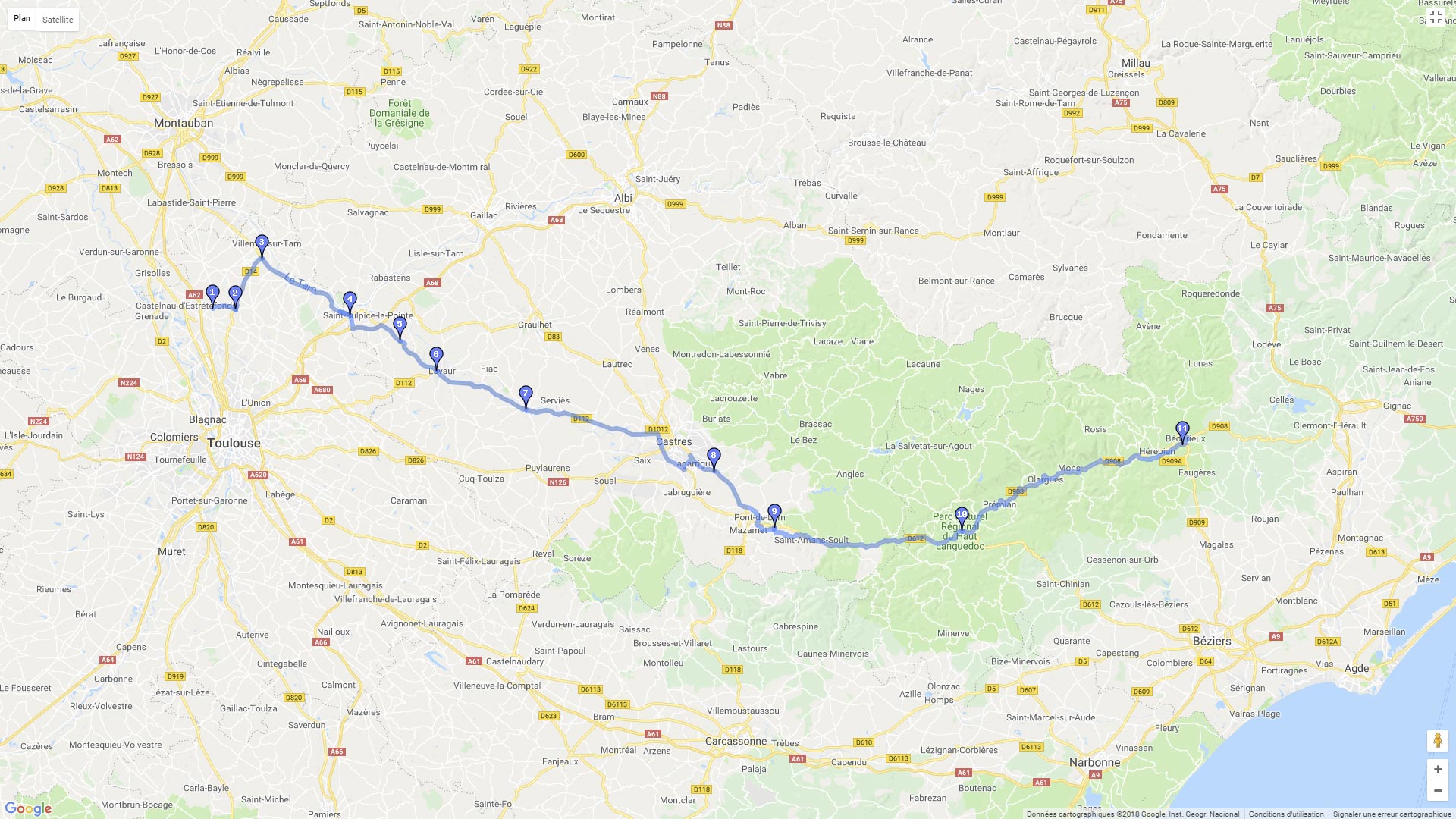 Pour zoomer sur la carte et avoir plus de détails, connectez-vous ! Carte roadbook Toulourse Bédarieux