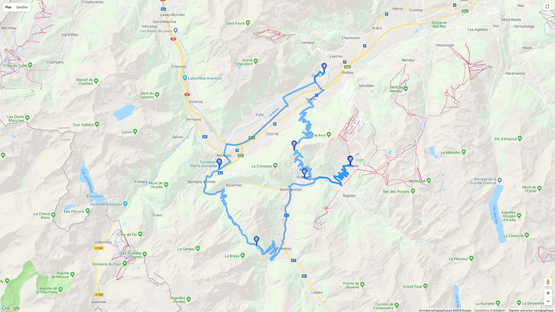 Pour zoomer sur la carte et avoir plus de détails, connectez-vous ! Carte roadbook Autour de Martigny