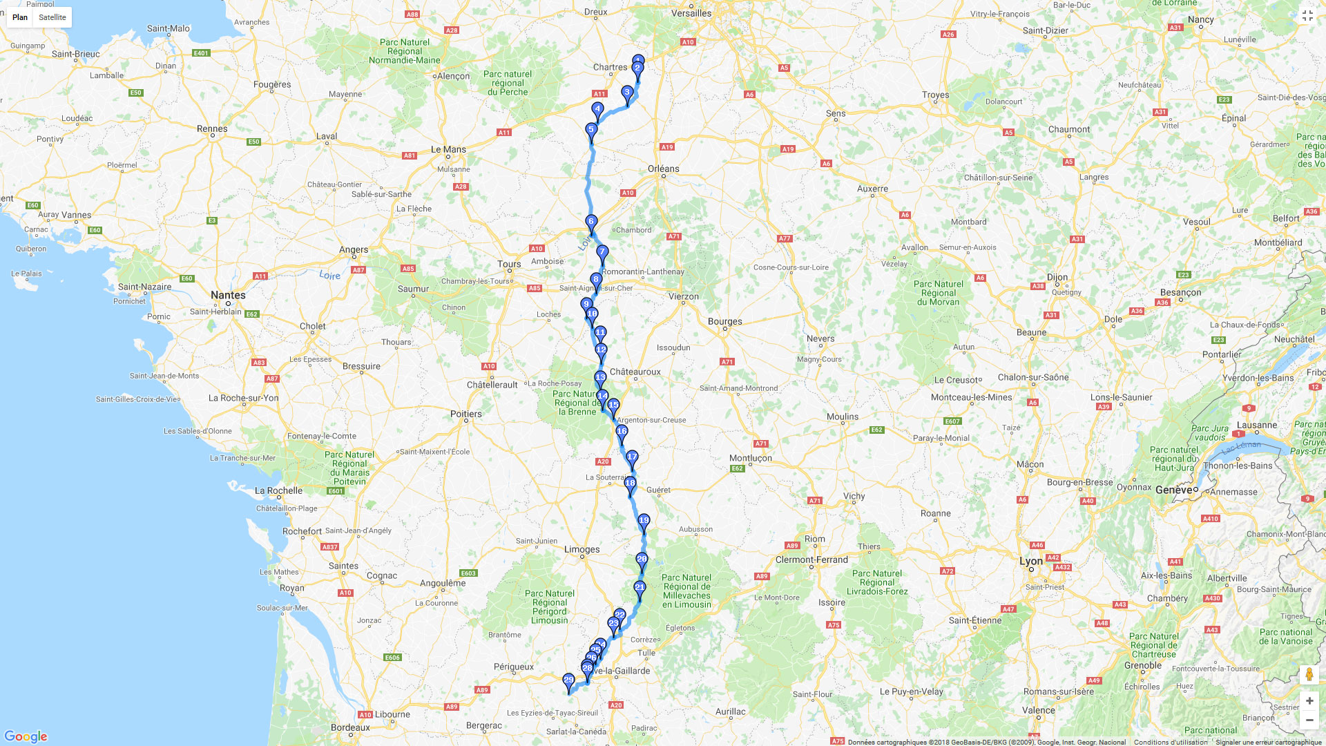 Pour zoomer sur la carte et avoir plus de détails, connectez-vous ! Carte roadbook Eure et Loire - Périgord