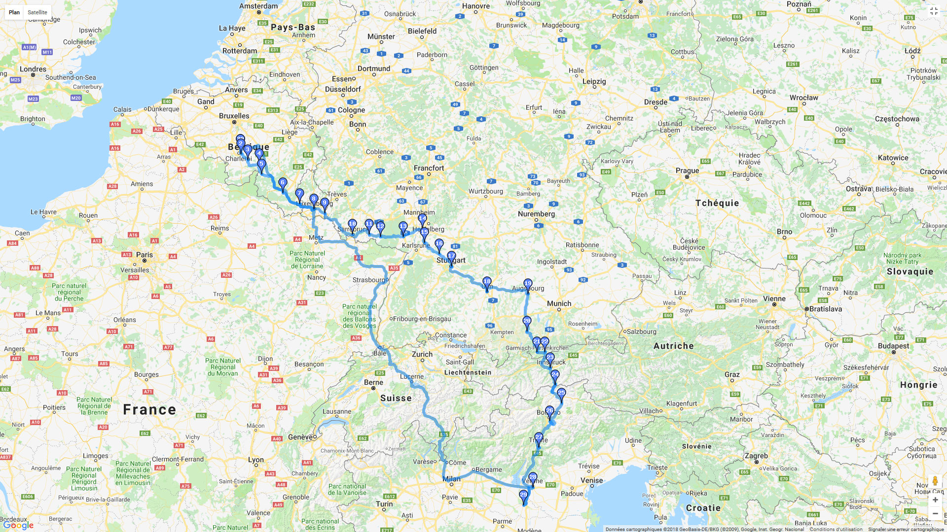 Pour zoomer sur la carte et avoir plus de détails, connectez-vous ! Carte roadbook Charleroi - Munich - Mantova