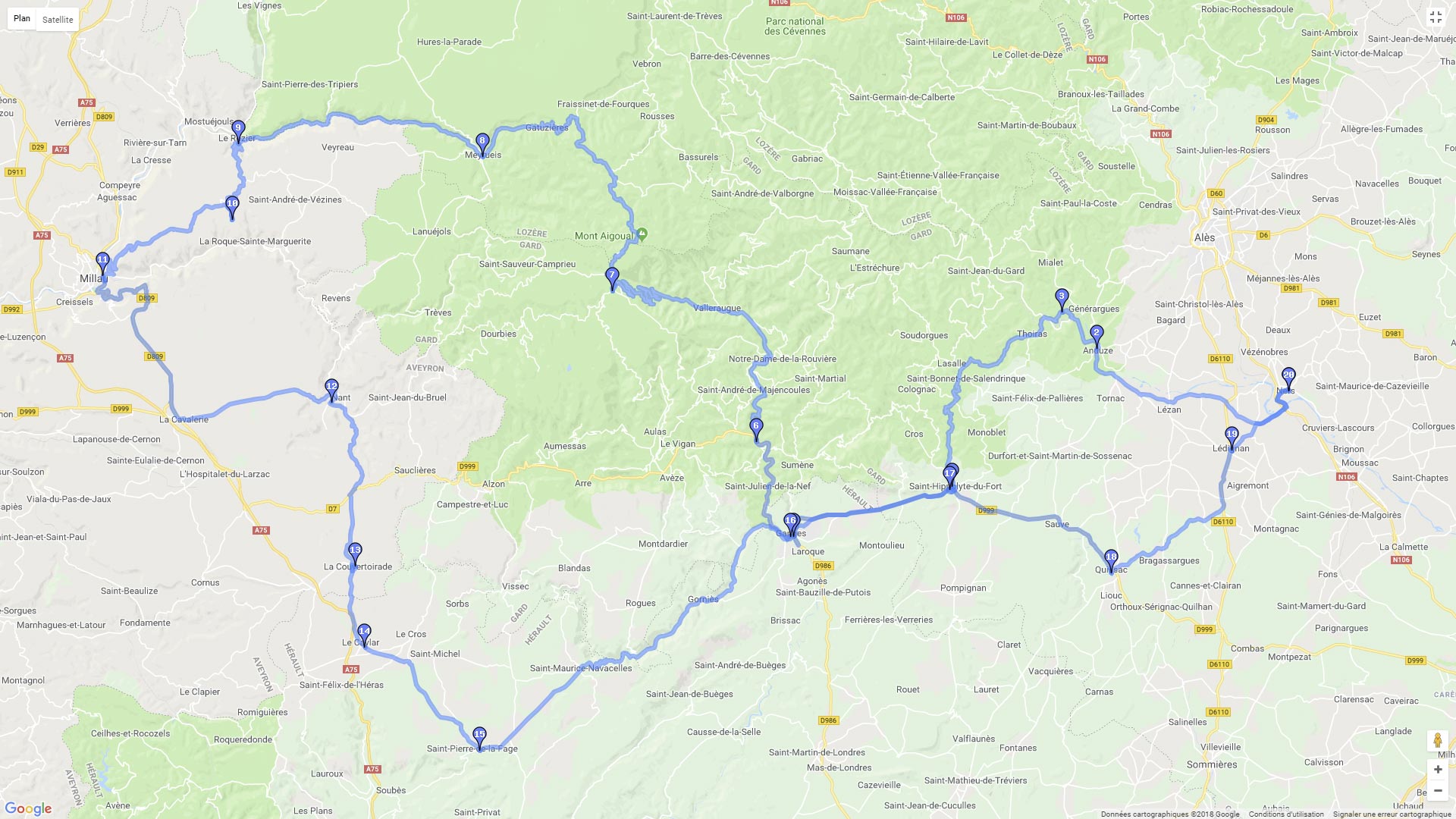 Pour zoomer sur la carte et avoir plus de détails, connectez-vous ! Carte roadbook Cévennes - Larzac