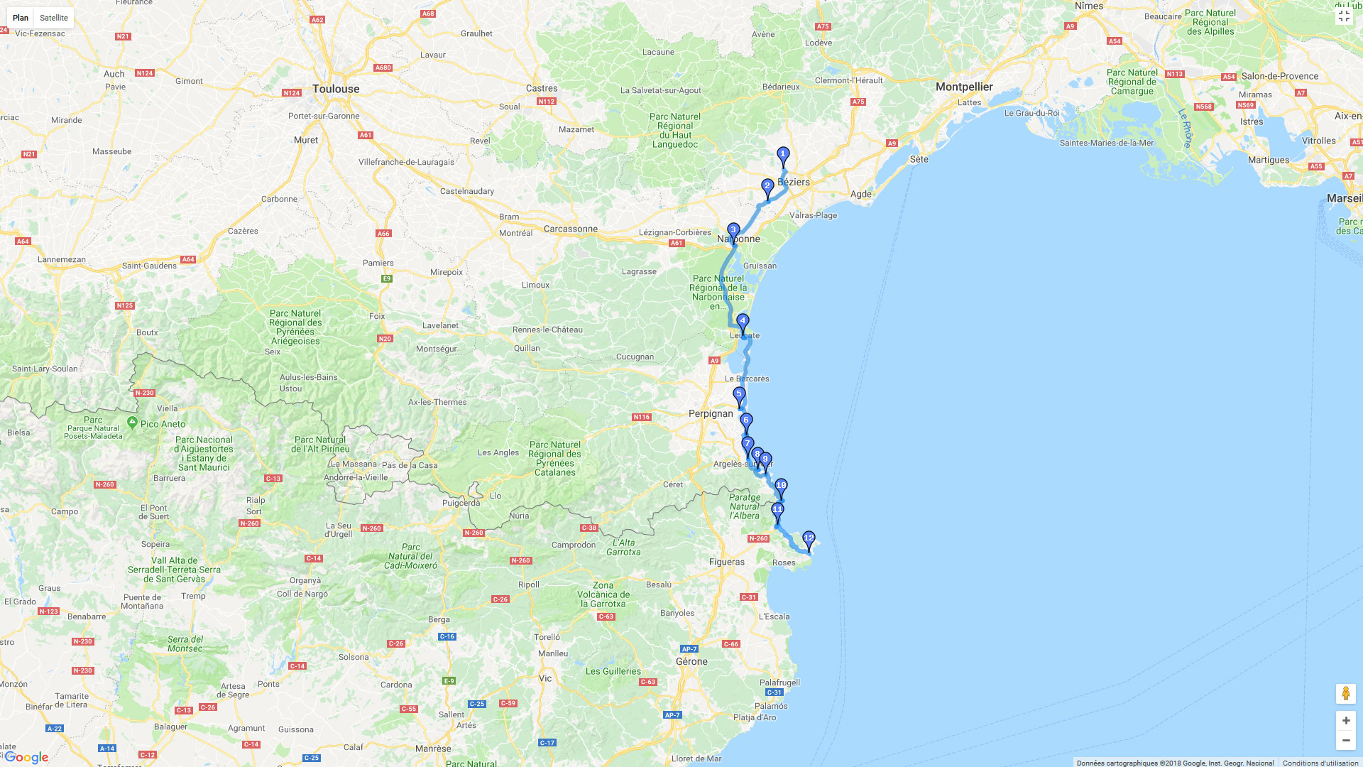 Pour zoomer sur la carte et avoir plus de détails, connectez-vous ! Carte roadbook Béziers / Cadaquès