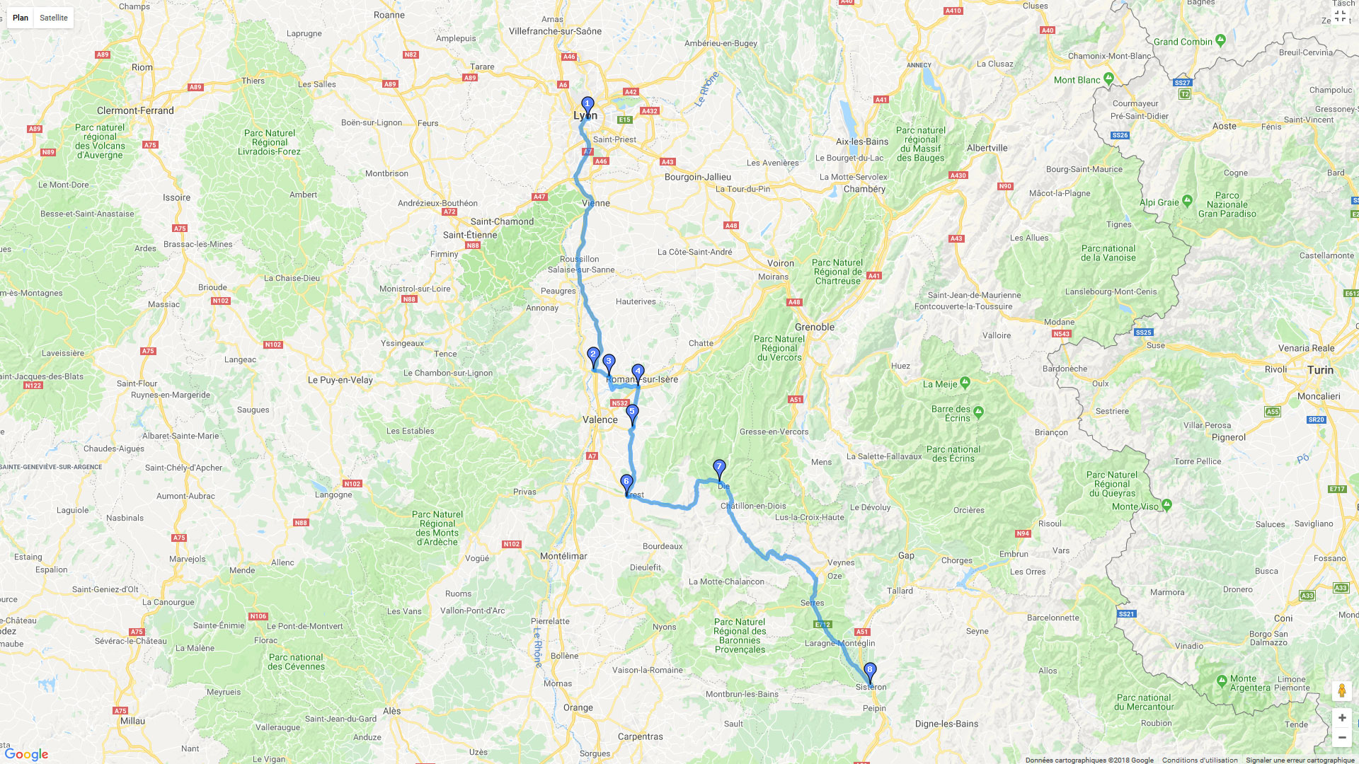 Pour zoomer sur la carte et avoir plus de détails, connectez-vous ! Carte roadbook Lyon - Sisteron