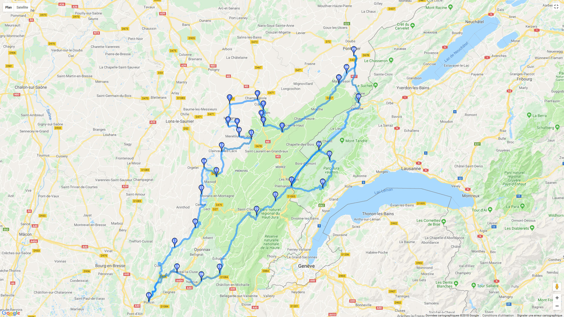 Pour zoomer sur la carte et avoir plus de détails, connectez-vous ! Carte roadbook Au pays des lacs du Jura