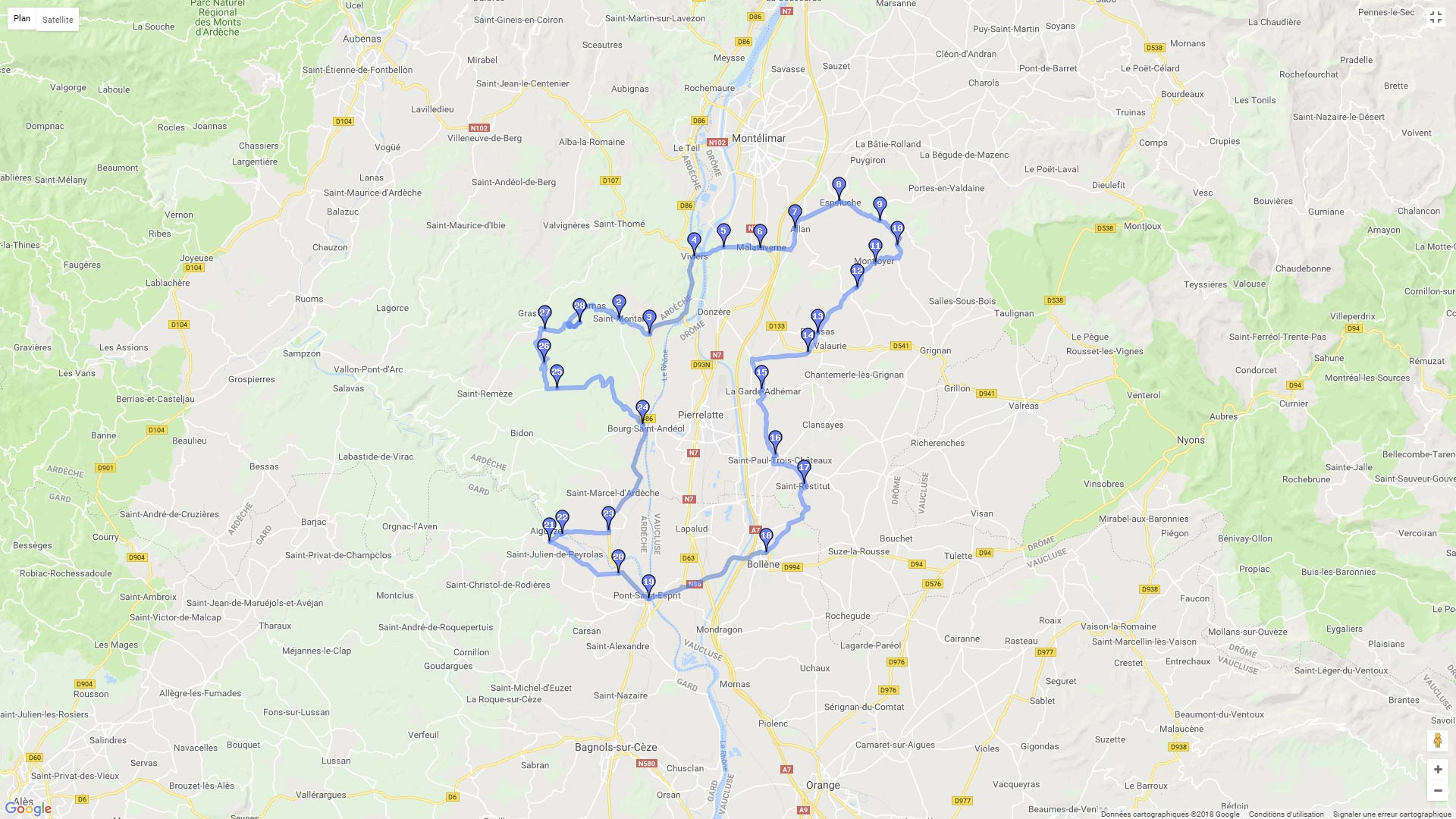 Pour zoomer sur la carte et avoir plus de détails, connectez-vous ! Carte roadbook La Vallée du Rhône et la plaine du Tricastin