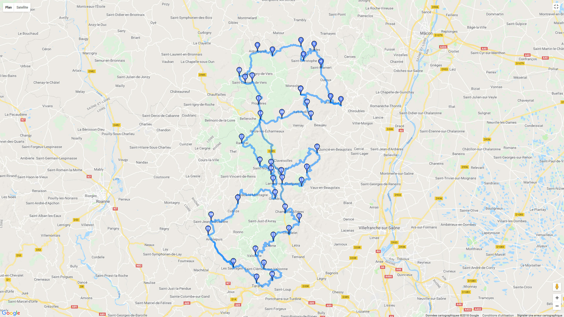 Pour zoomer sur la carte et avoir plus de détails, connectez-vous ! Carte roadbook Les Crêtes du Beaujolais Vert