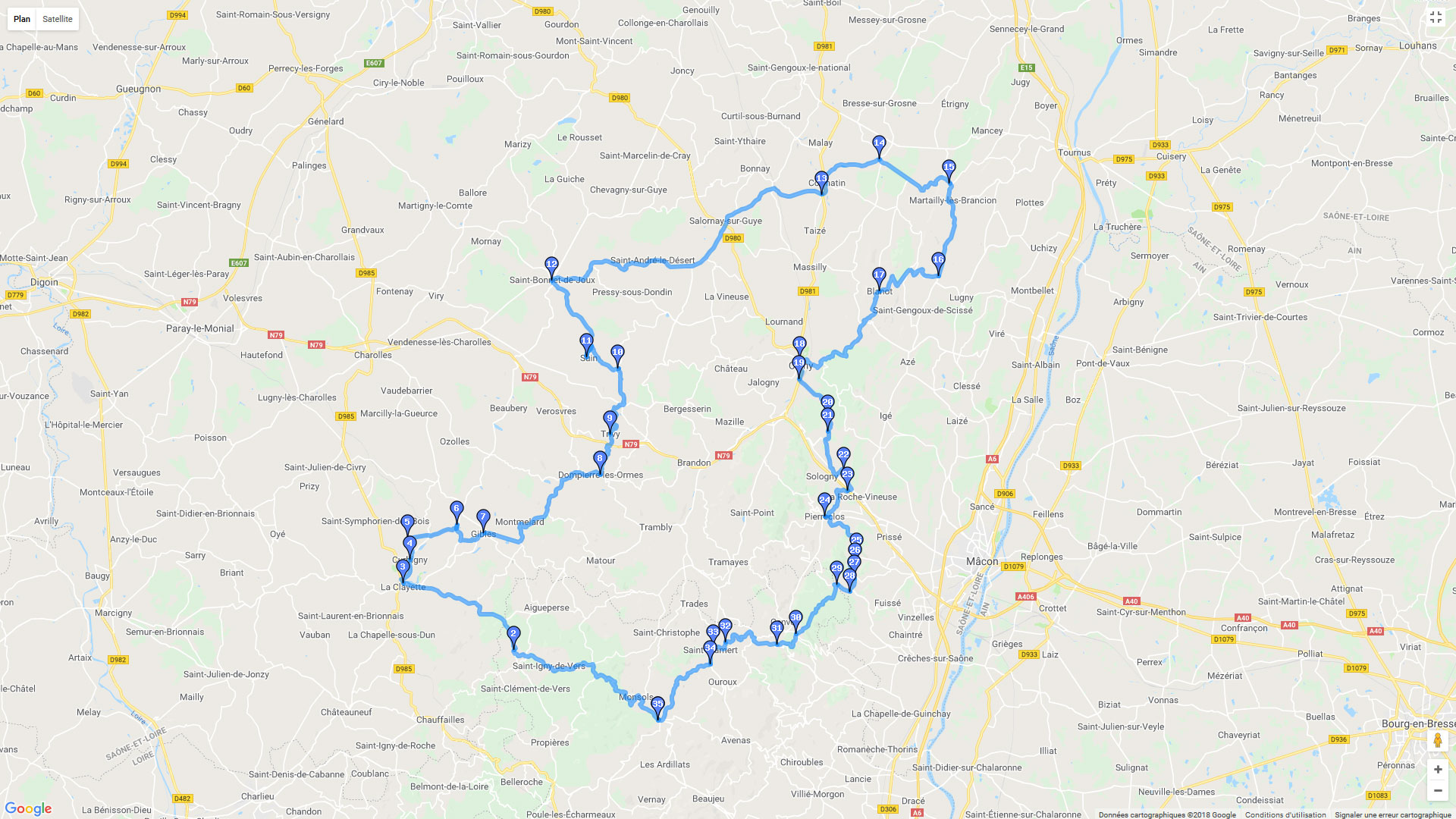 Pour zoomer sur la carte et avoir plus de détails, connectez-vous ! Carte roadbook Patrimoine en Bourgogne du Sud