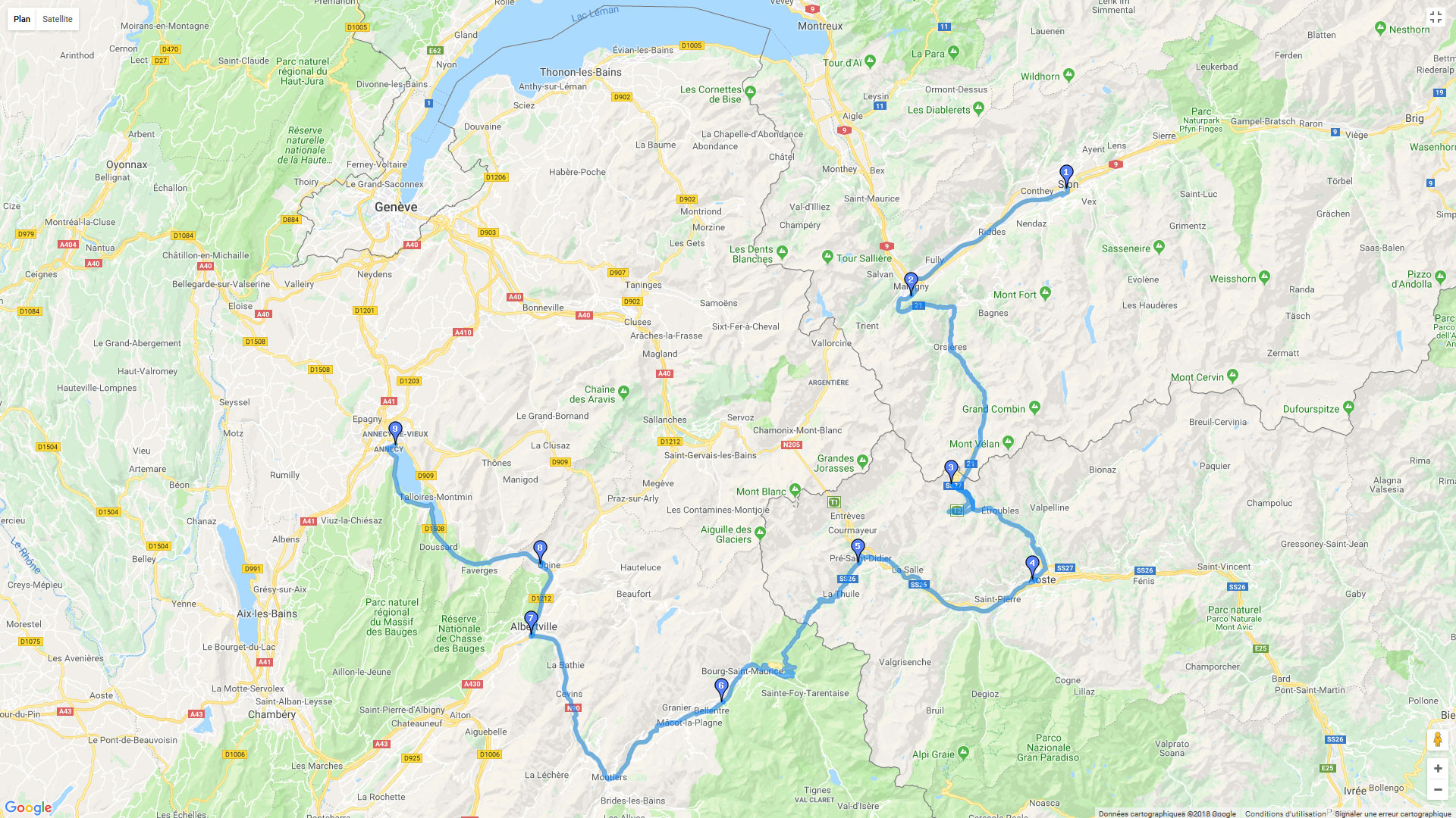 Pour zoomer sur la carte et avoir plus de détails, connectez-vous ! Carte roadbook Sion - Annecy par les cols