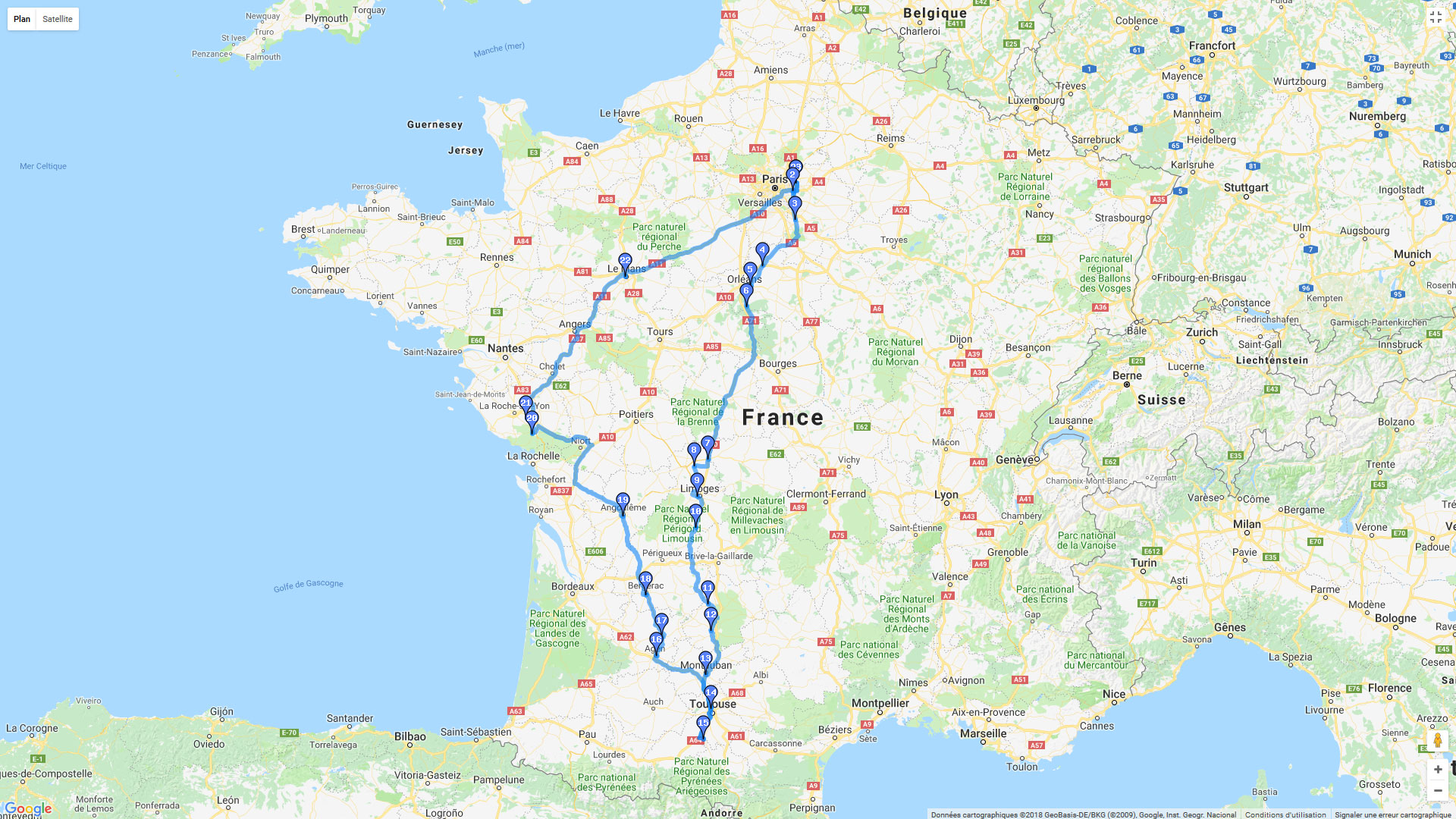 Pour zoomer sur la carte et avoir plus de détails, connectez-vous ! Carte roadbook De Paris à Toulouse