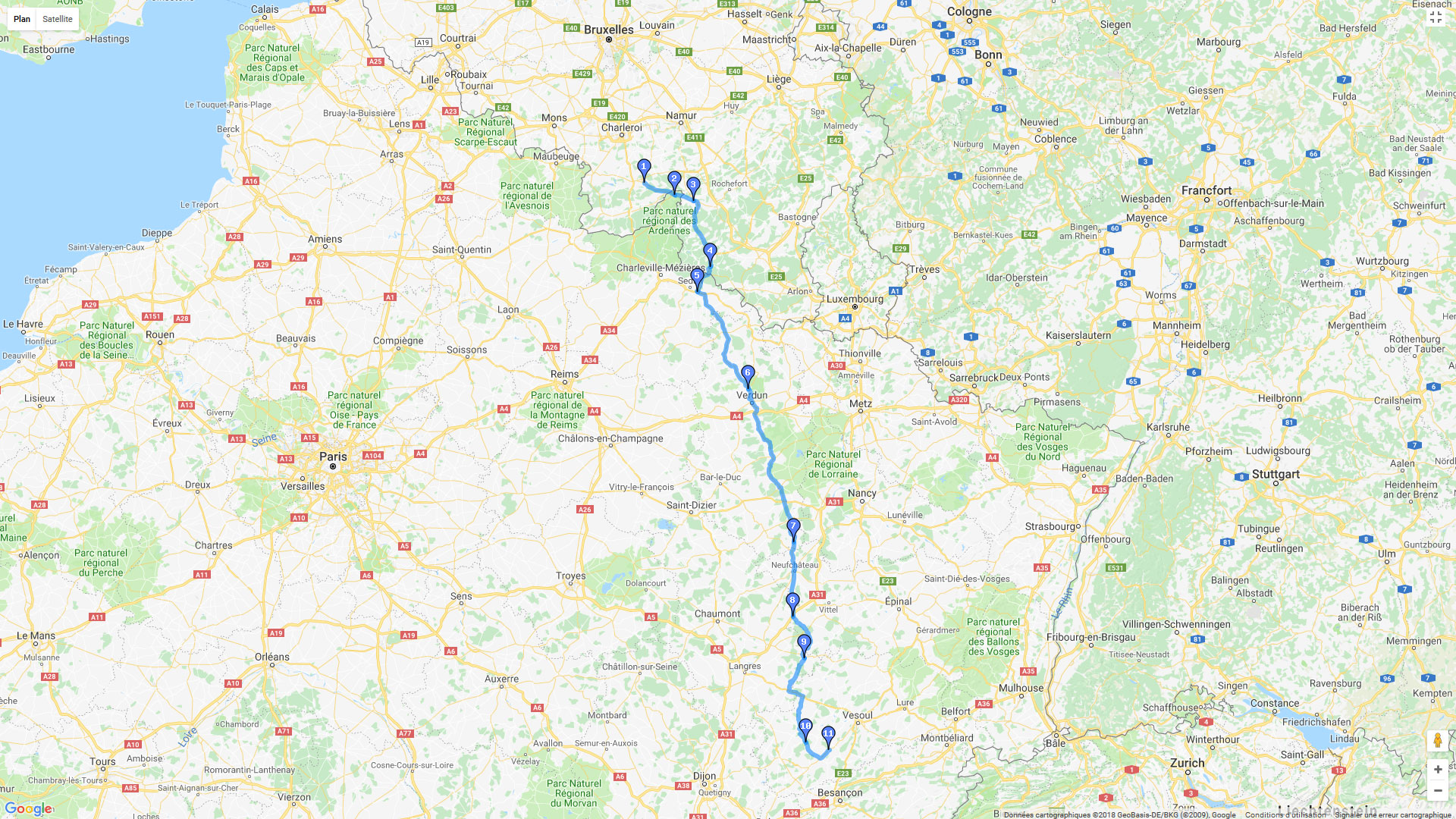 Pour zoomer sur la carte et avoir plus de détails, connectez-vous ! Carte roadbook Des Ardennes à Vesoul