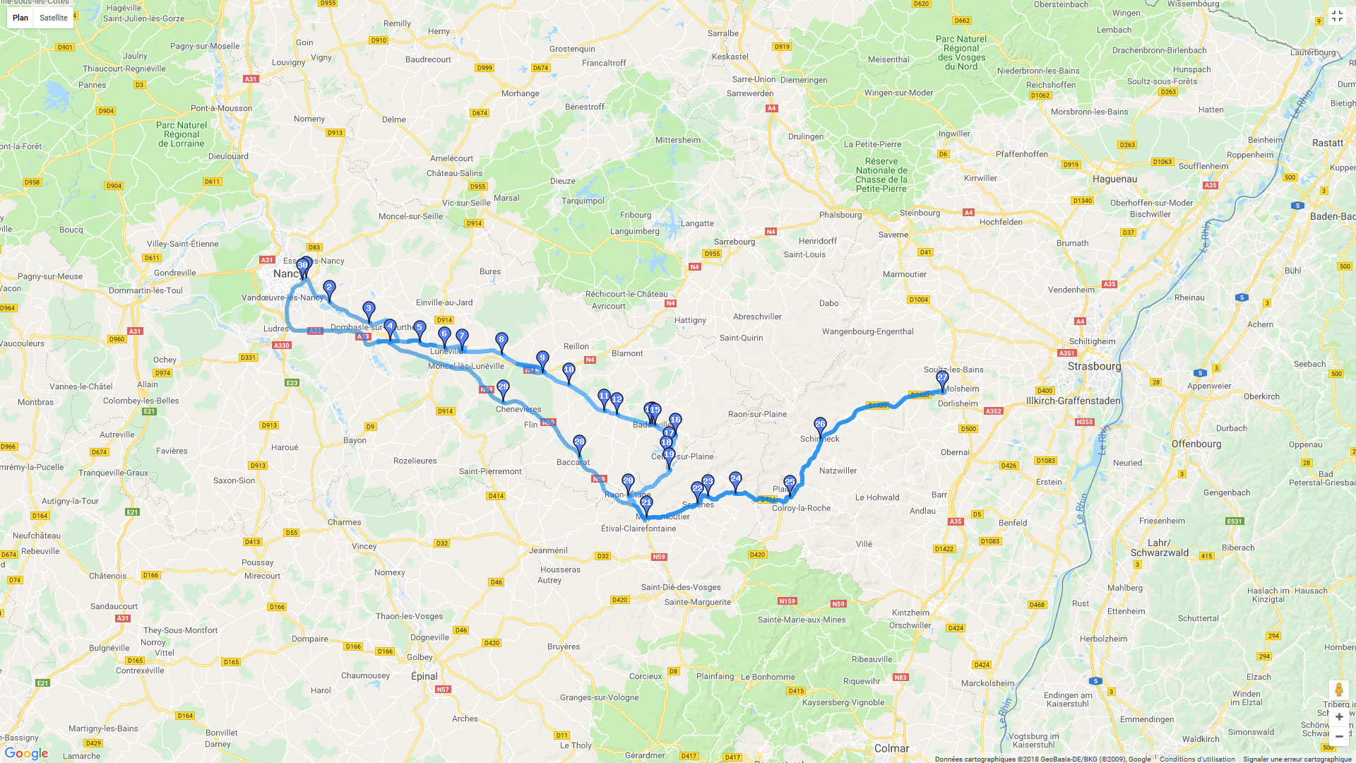 Pour zoomer sur la carte et avoir plus de détails, connectez-vous ! Carte roadbook Nancy - Mutzig
