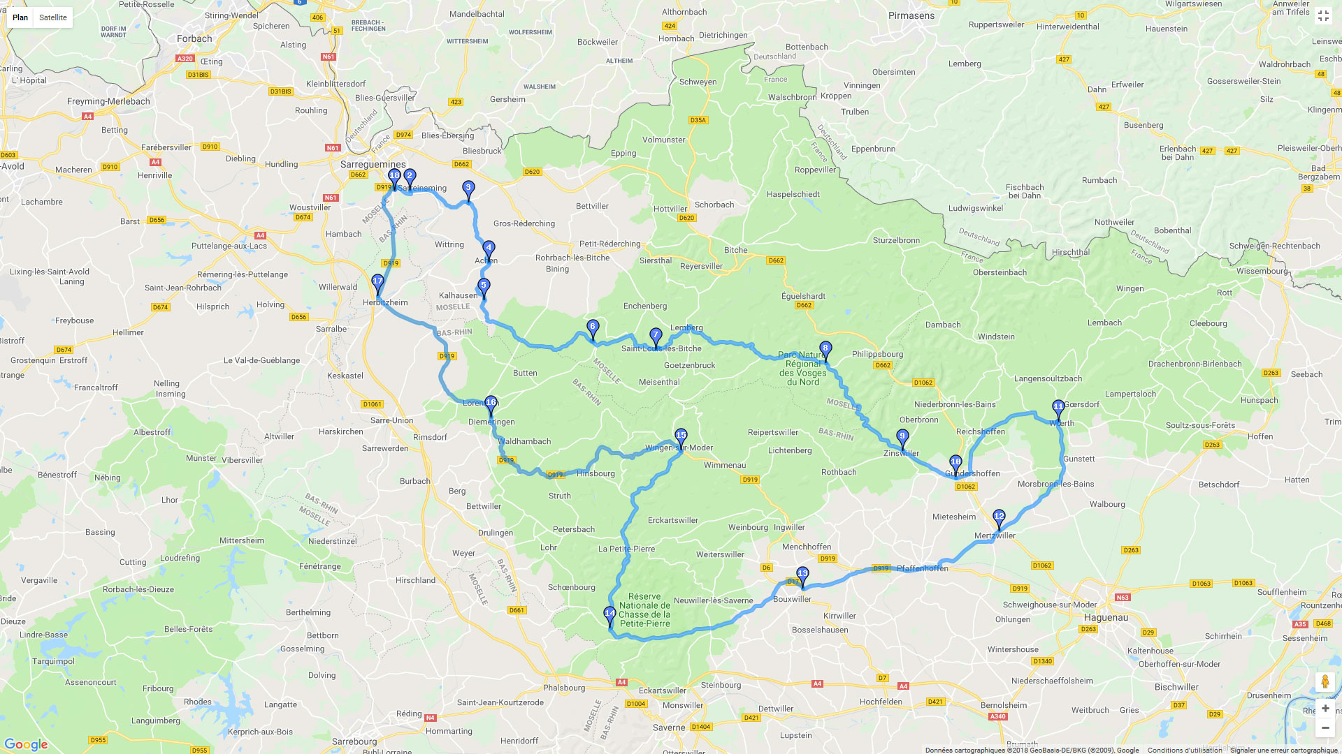 Pour zoomer sur la carte et avoir plus de détails, connectez-vous ! Carte roadbook Sarreguemines - Woerth - La Petite-Pierre