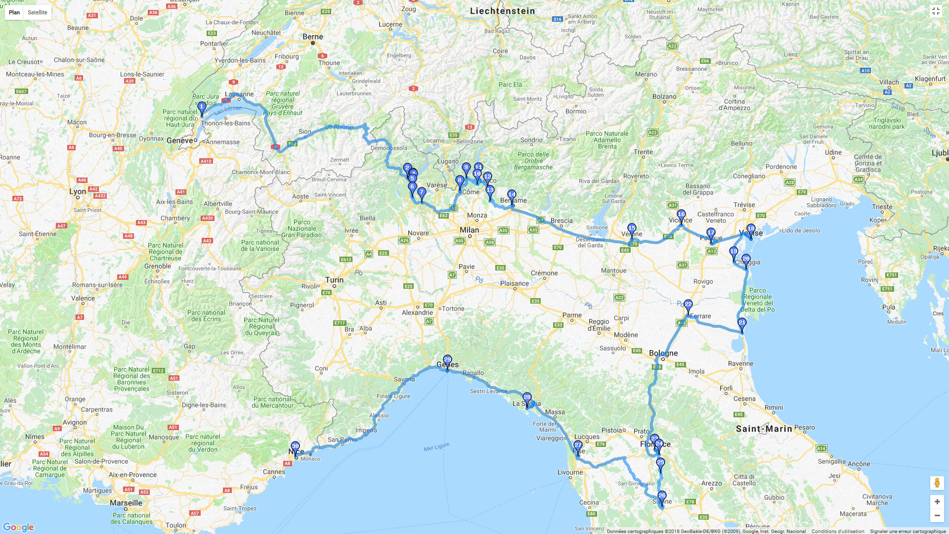 Pour zoomer sur la carte et avoir plus de détails, connectez-vous ! Carte roadbook Nyon-Venise-Chianti-Nice
