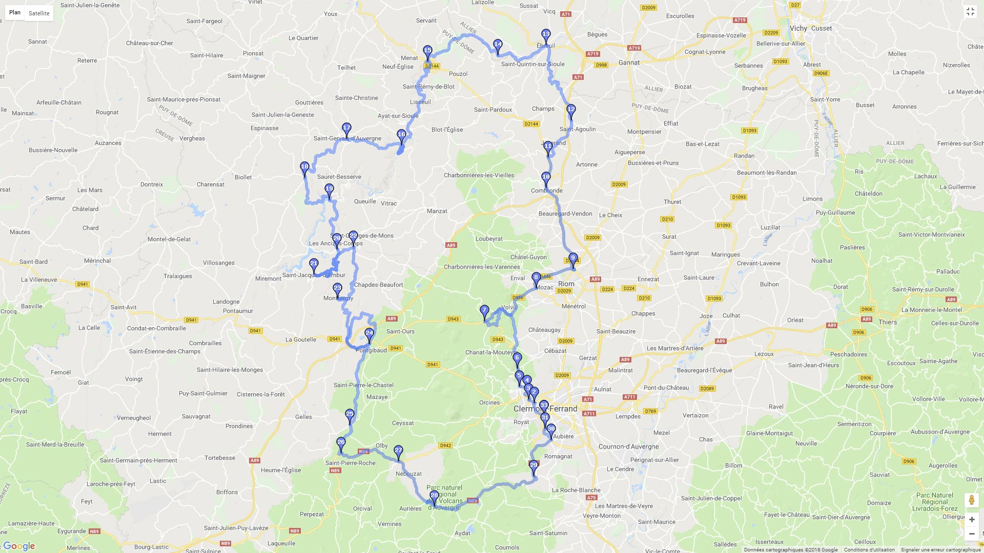 Pour zoomer sur la carte et avoir plus de détails, connectez-vous ! Carte roadbook Gorges de la Sioule et Combrailles