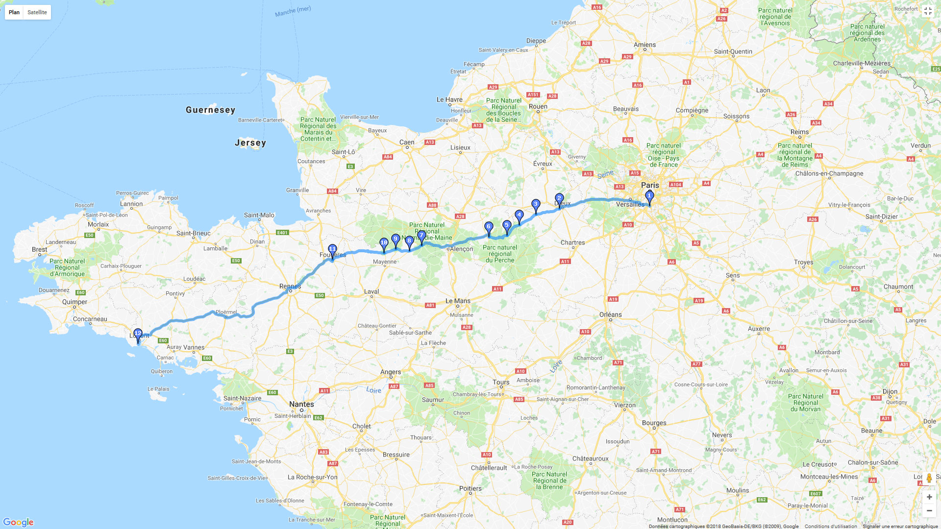 Pour zoomer sur la carte et avoir plus de détails, connectez-vous ! Carte roadbook Rungis - Fougere - Lorient