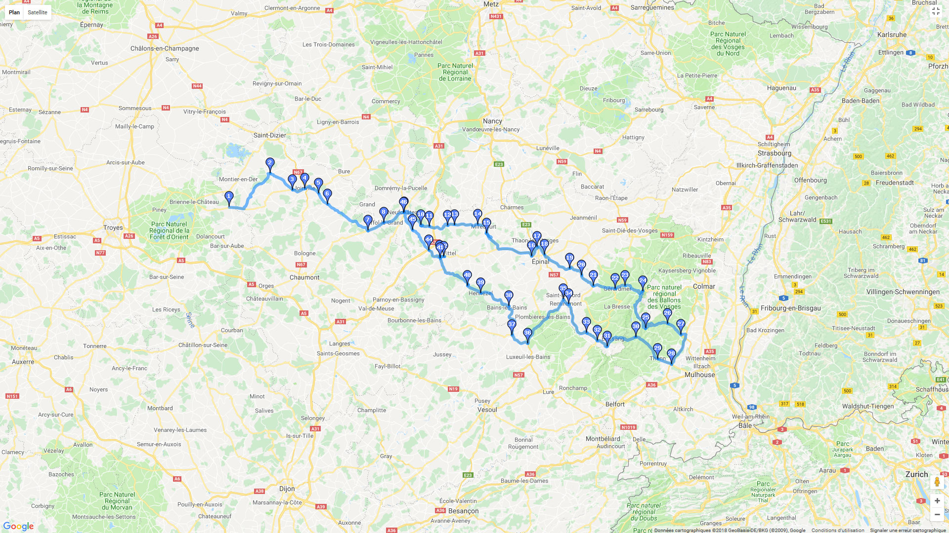 Pour zoomer sur la carte et avoir plus de détails, connectez-vous ! Carte roadbook Aube - Vosges