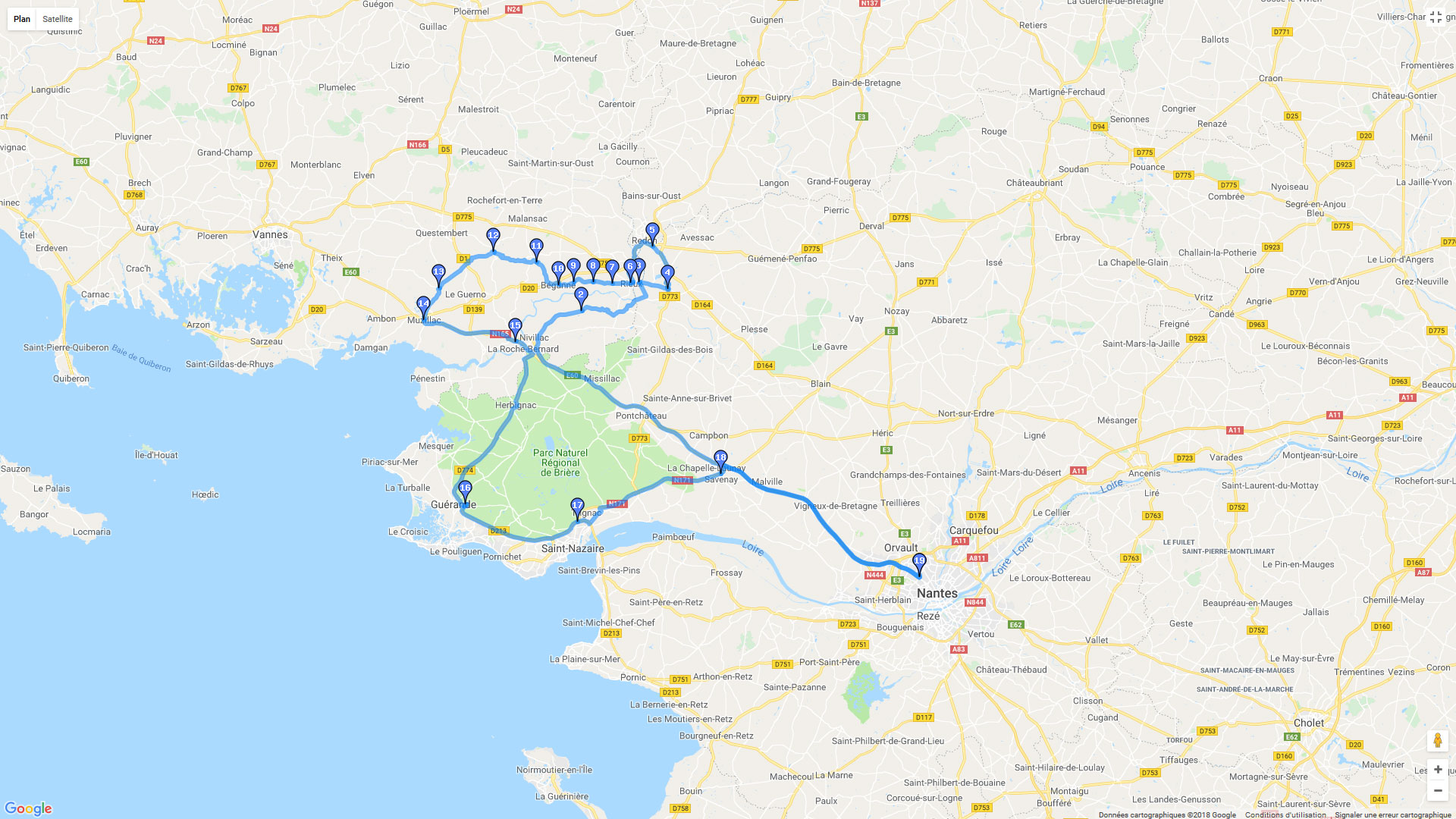 Pour zoomer sur la carte et avoir plus de détails, connectez-vous ! Carte roadbook Autour du parc de Brière