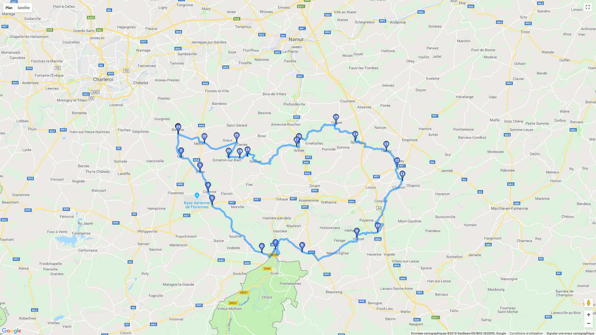 Pour zoomer sur la carte et avoir plus de détails, connectez-vous ! Carte roadbook Boucle autour de Dinant