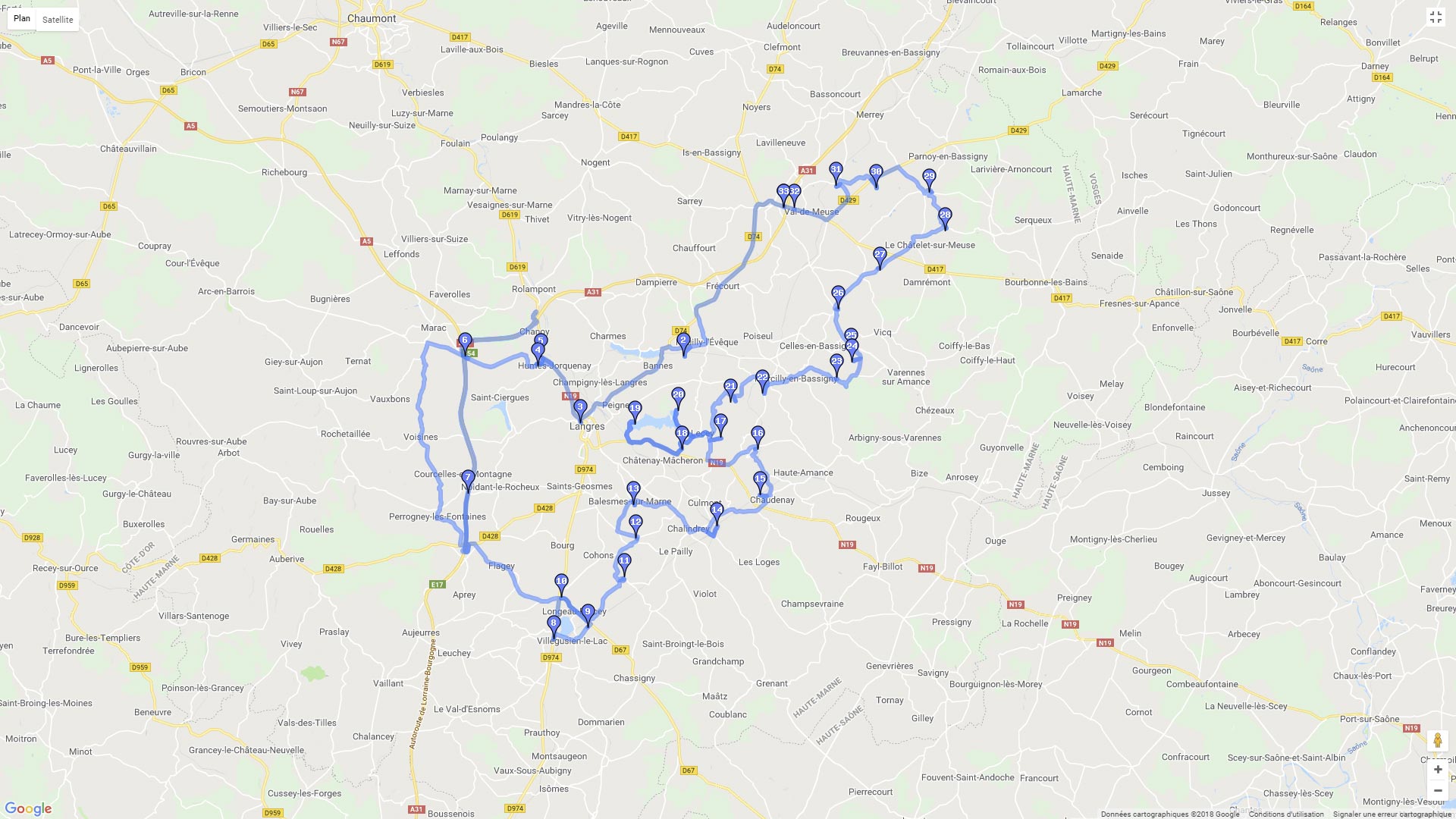 Pour zoomer sur la carte et avoir plus de détails, connectez-vous ! Carte roadbook Langres et le tour des Trois lacs