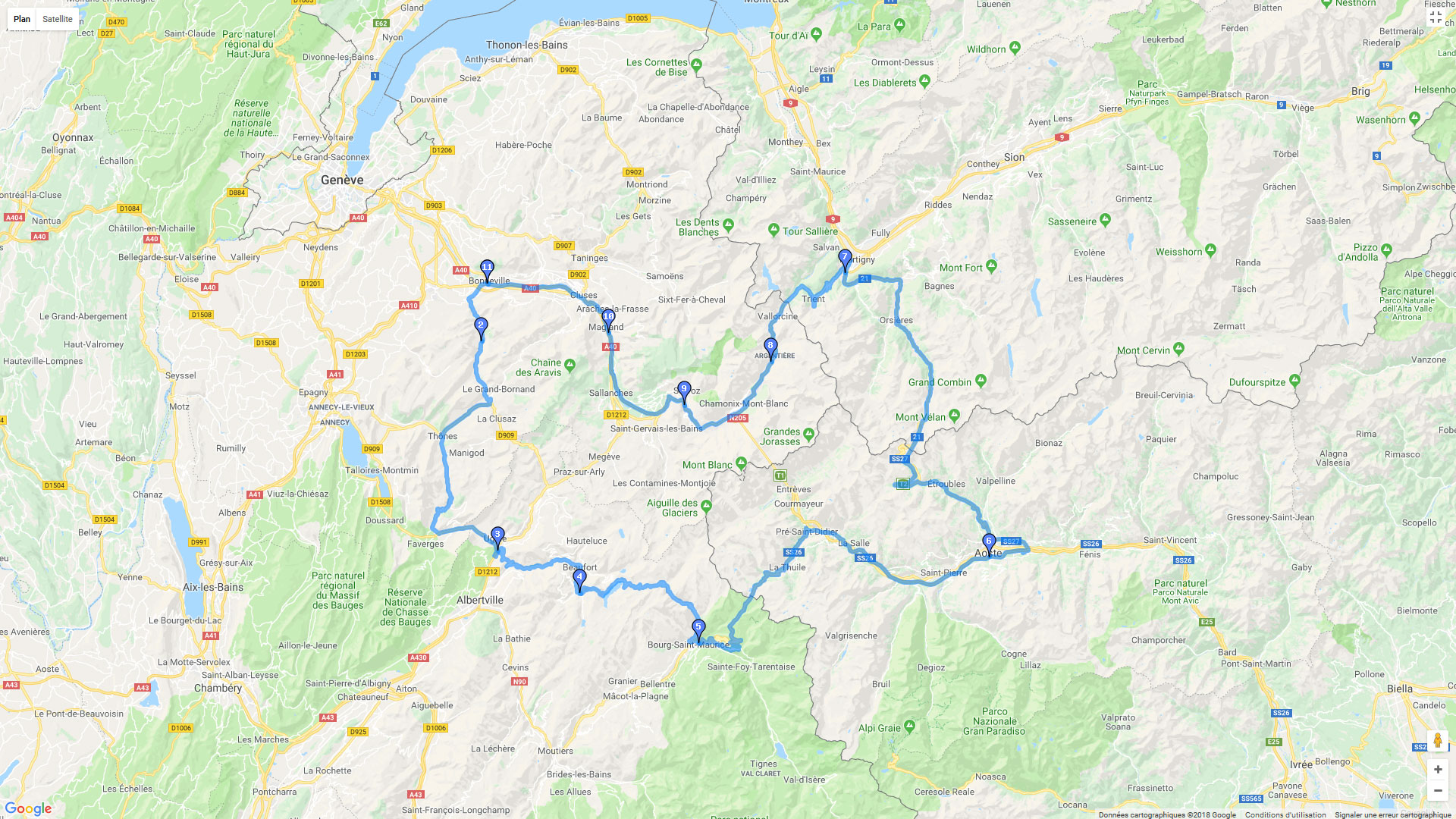Pour zoomer sur la carte et avoir plus de détails, connectez-vous ! Carte roadbook Bonneville / Aoste / Martigny