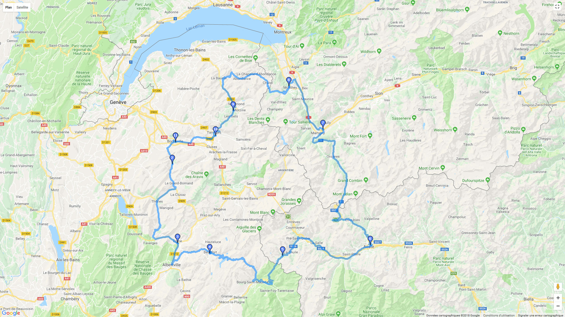 Pour zoomer sur la carte et avoir plus de détails, connectez-vous ! Carte roadbook Bonneville / Aoste / Martigny / Samoens