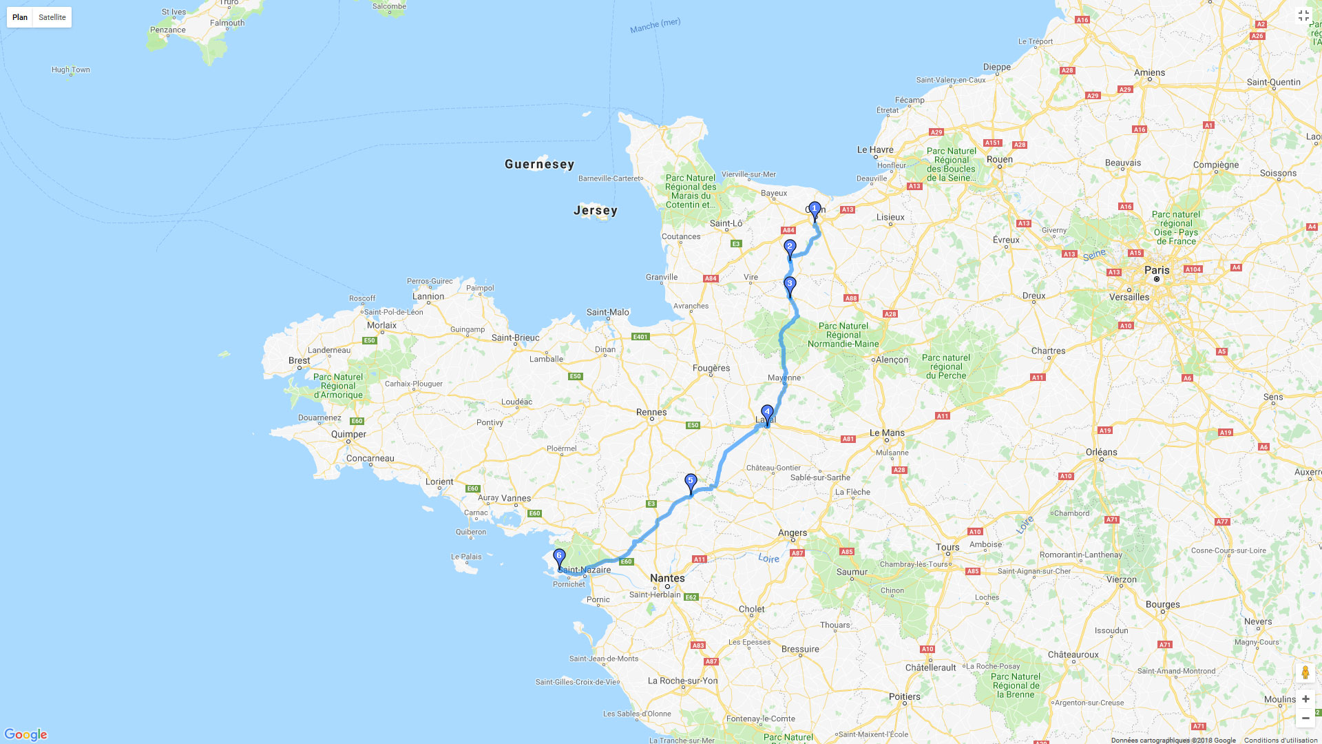 Pour zoomer sur la carte et avoir plus de détails, connectez-vous ! Carte roadbook Caen - Guérande