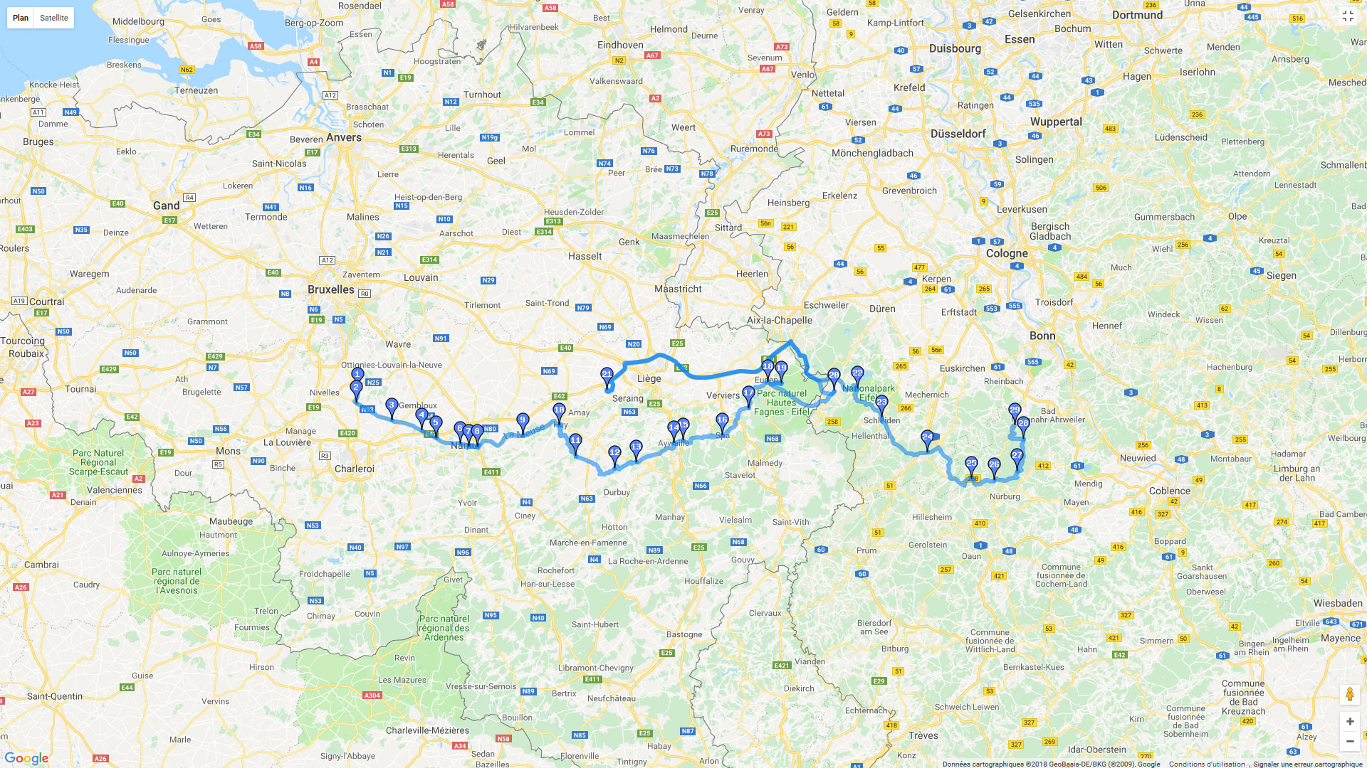 Pour zoomer sur la carte et avoir plus de détails, connectez-vous ! Carte roadbook Genappe - Altenahr
