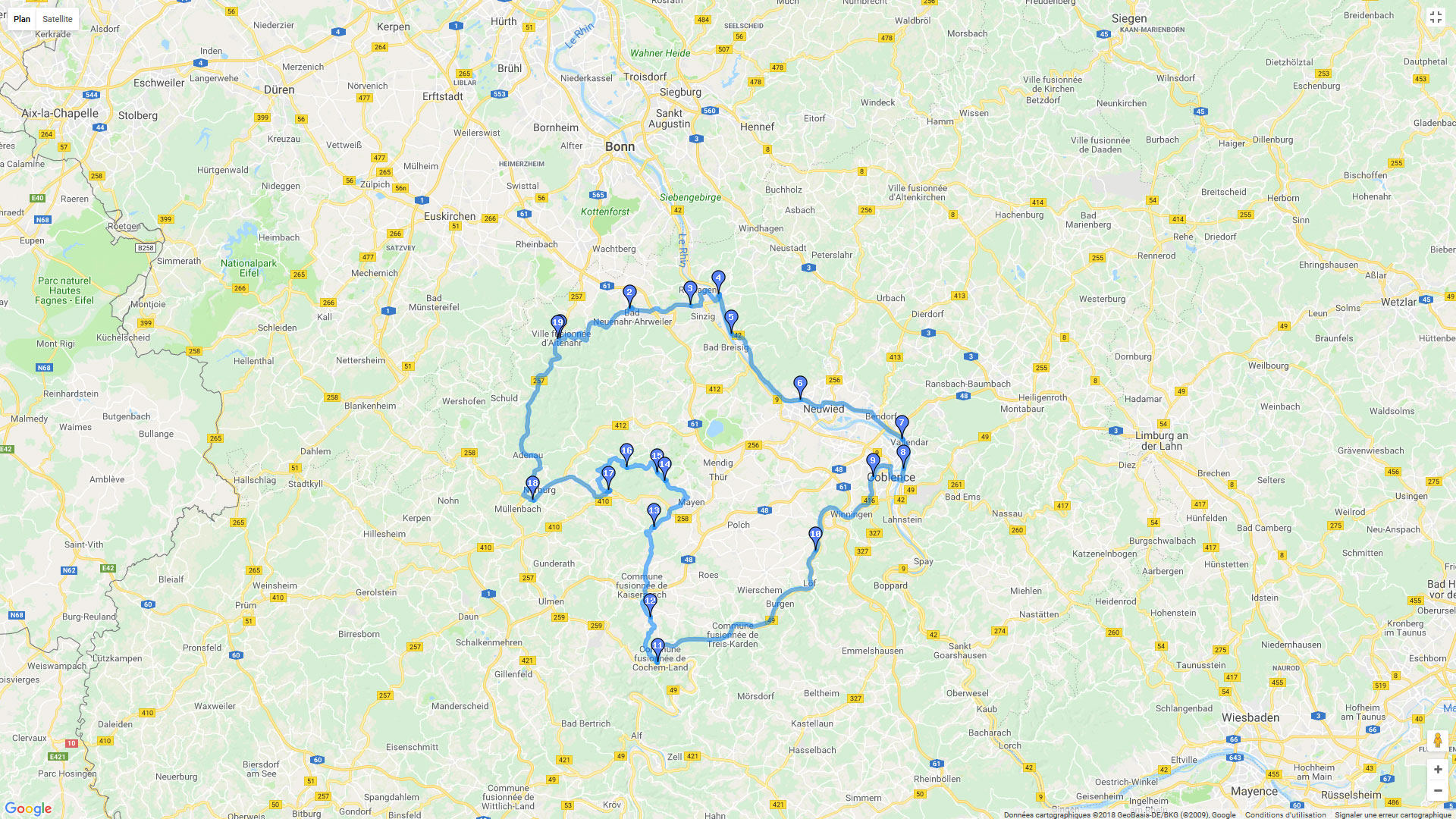 Pour zoomer sur la carte et avoir plus de détails, connectez-vous ! Carte roadbook Allemagne - Rhin - Moselle