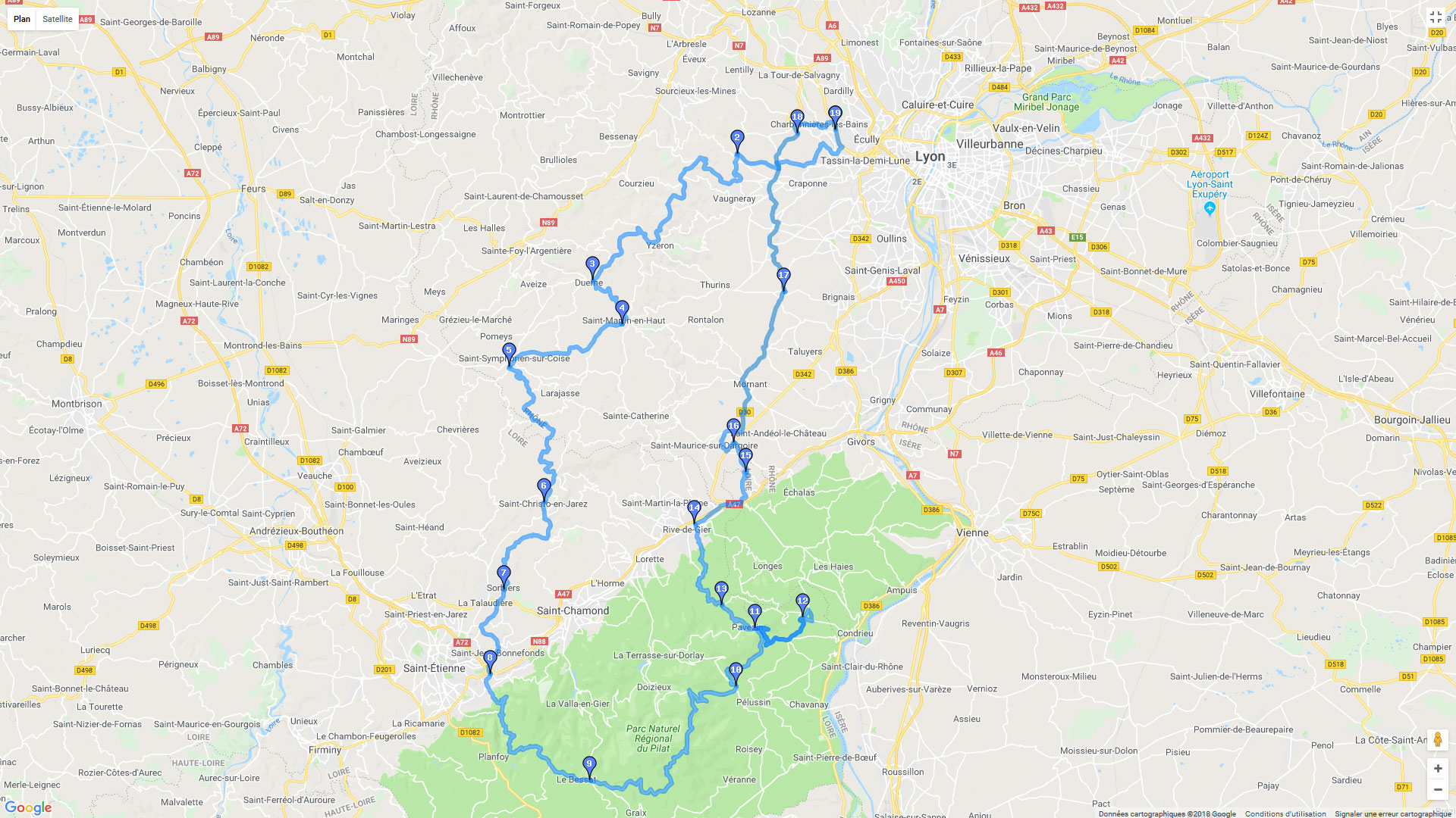 Pour zoomer sur la carte et avoir plus de détails, connectez-vous ! Carte roadbook Monts du Lyonnais et Monts du Pilat