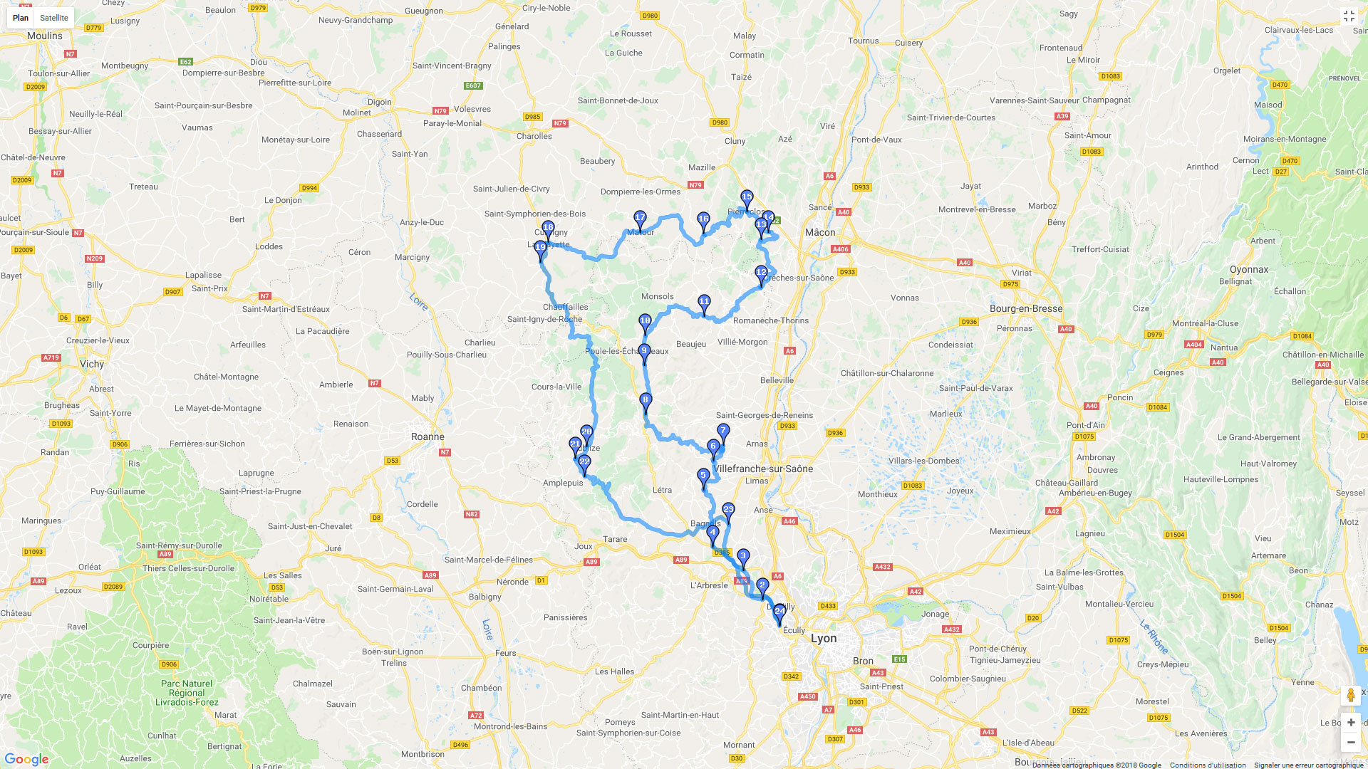 Pour zoomer sur la carte et avoir plus de détails, connectez-vous ! Carte roadbook Beaujolais Solutré