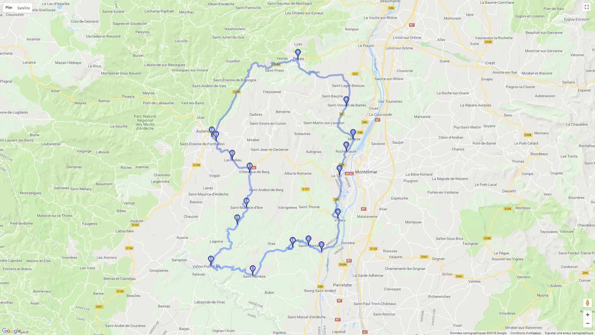 Pour zoomer sur la carte et avoir plus de détails, connectez-vous ! Carte roadbook Ardèche Méridionale par le Col de l'Escrinet