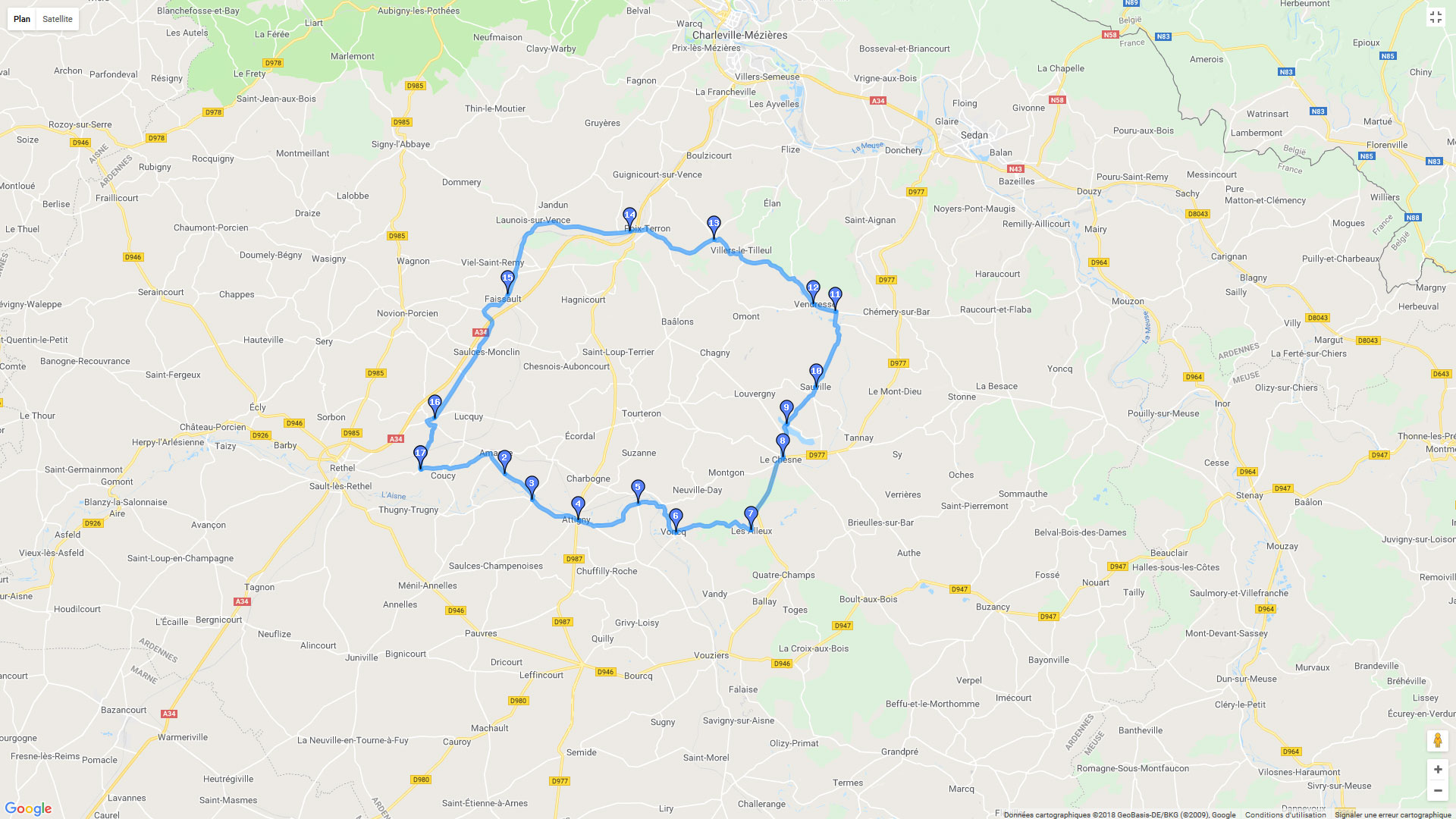 Pour zoomer sur la carte et avoir plus de détails, connectez-vous ! Carte roadbook Sud-Est des Ardennes