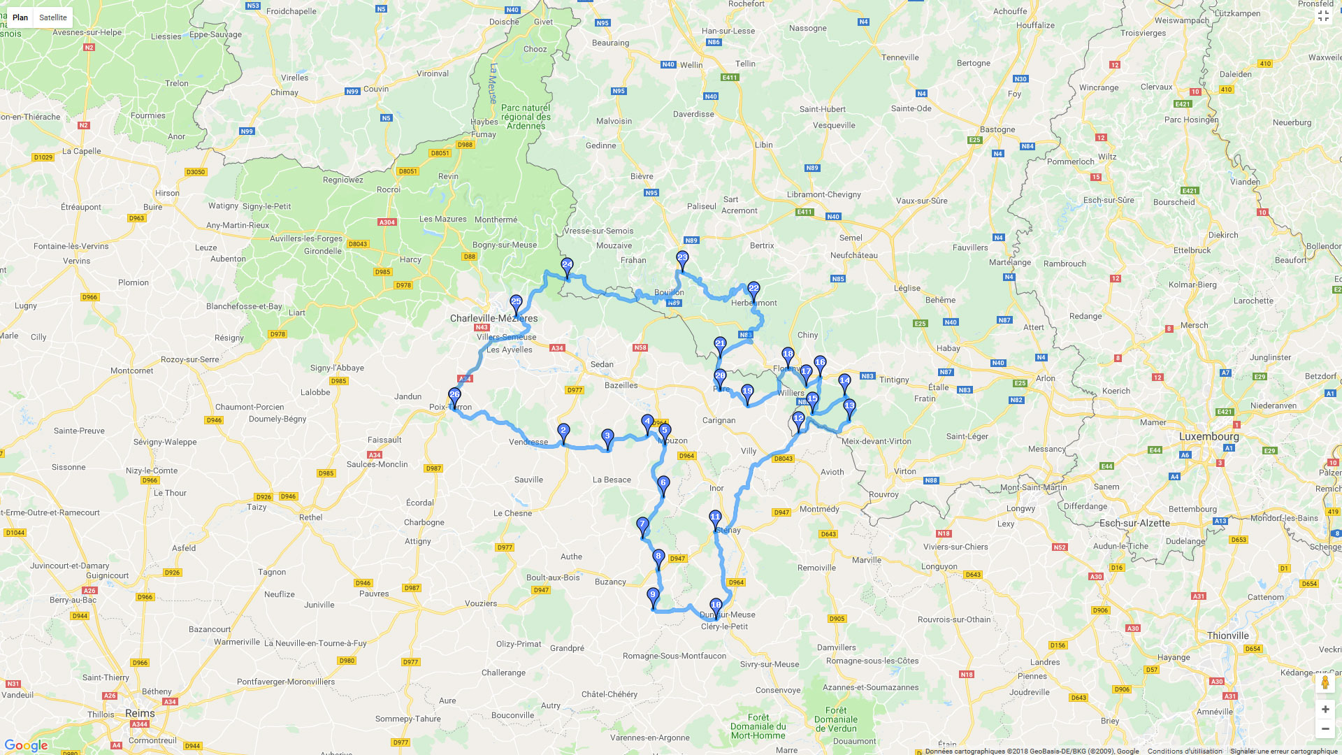 Pour zoomer sur la carte et avoir plus de détails, connectez-vous ! Carte roadbook Des Ardennes à la frontière belge