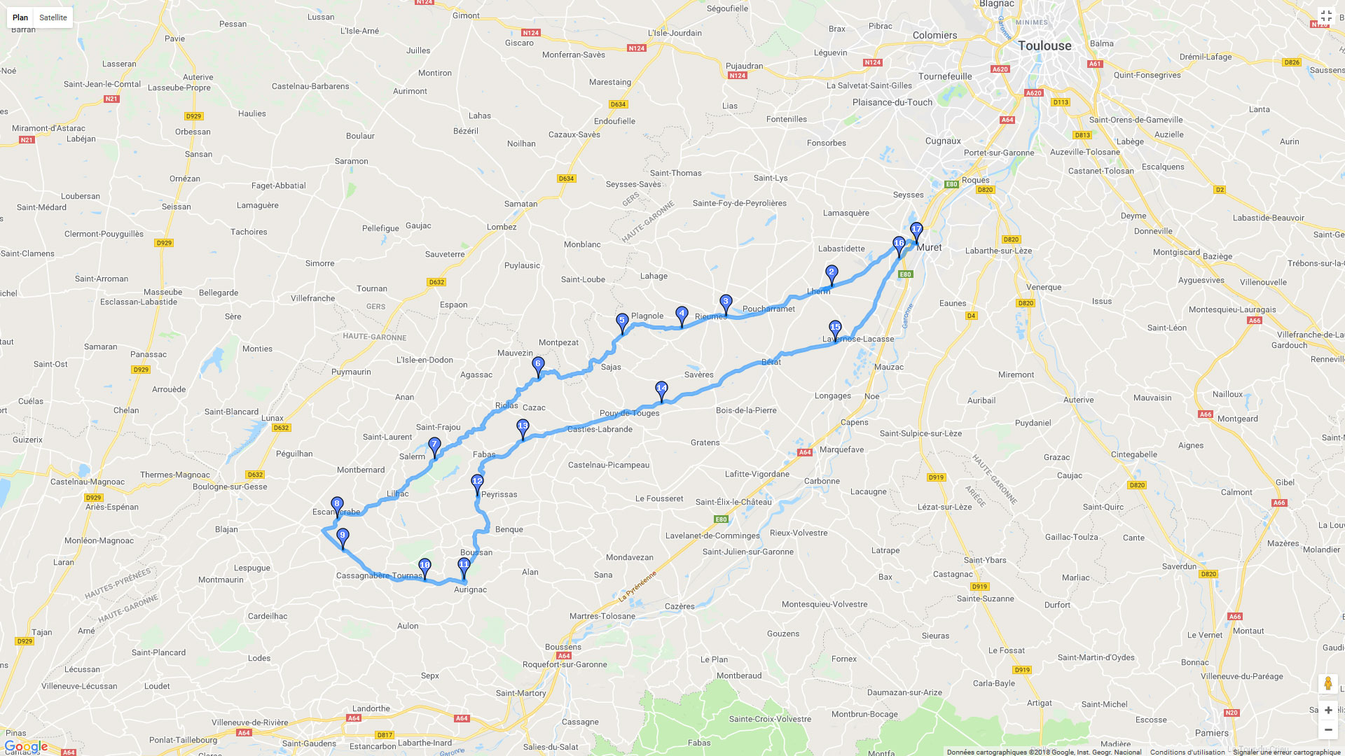 Pour zoomer sur la carte et avoir plus de détails, connectez-vous ! Carte roadbook Sud-Ouest Toulousain