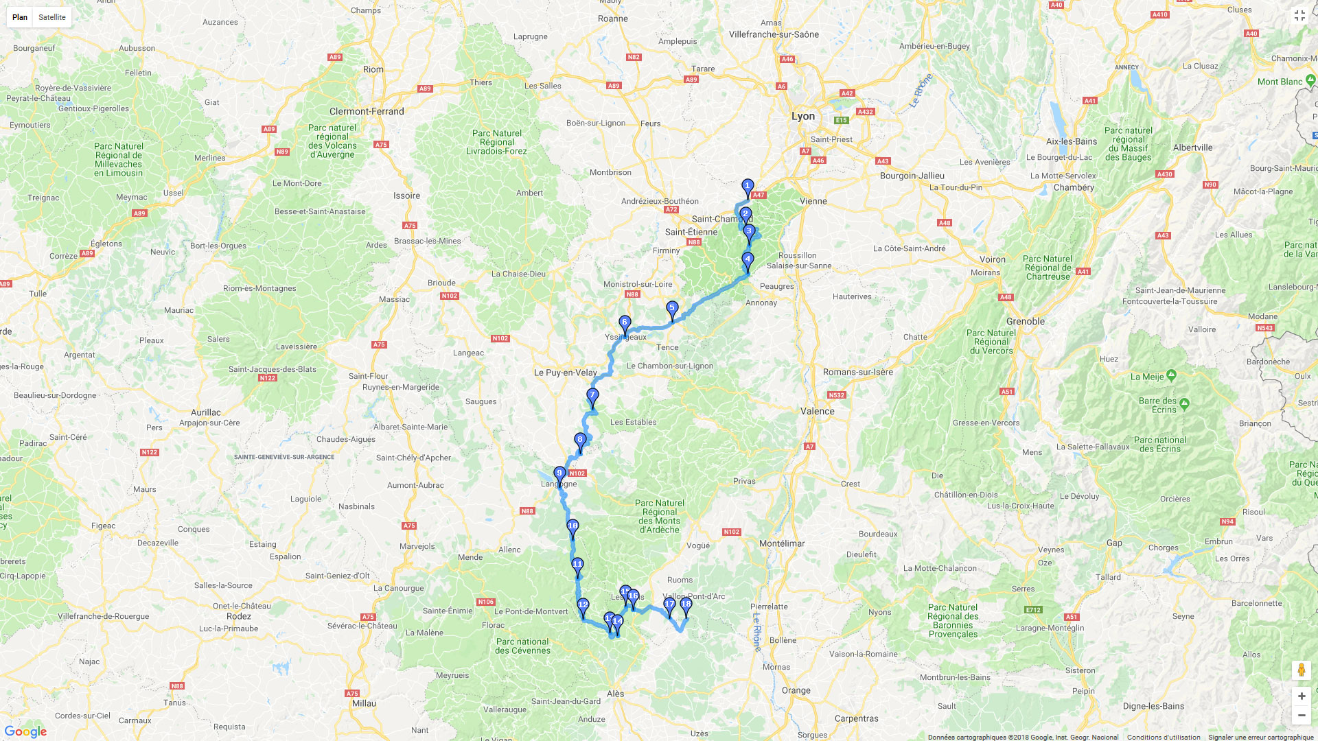 Pour zoomer sur la carte et avoir plus de détails, connectez-vous ! Carte roadbook Lyon - Vagnas
