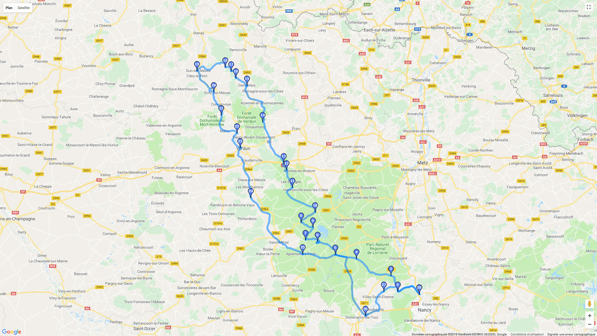 Pour zoomer sur la carte et avoir plus de détails, connectez-vous ! Carte roadbook Nord Meusien depuis Nancy
