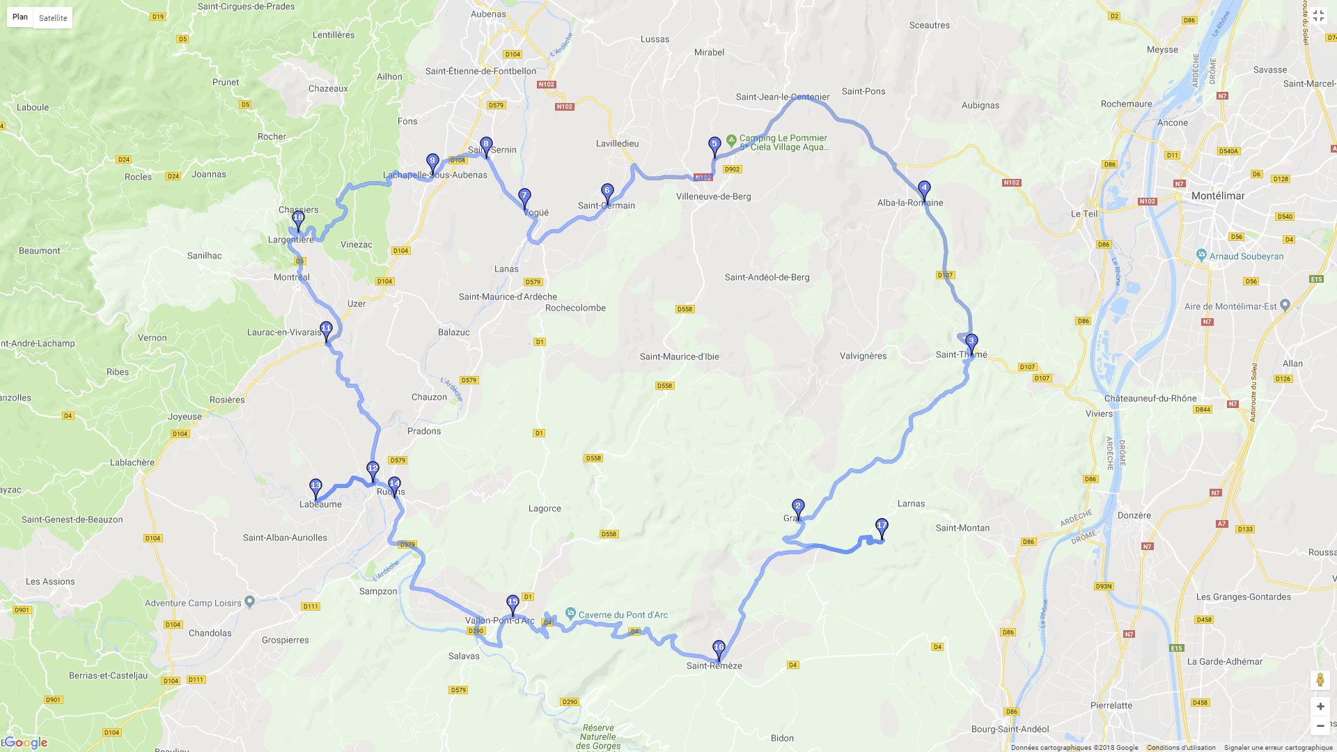 Pour zoomer sur la carte et avoir plus de détails, connectez-vous ! Carte roadbook L'Ardèche du sud et les gorges