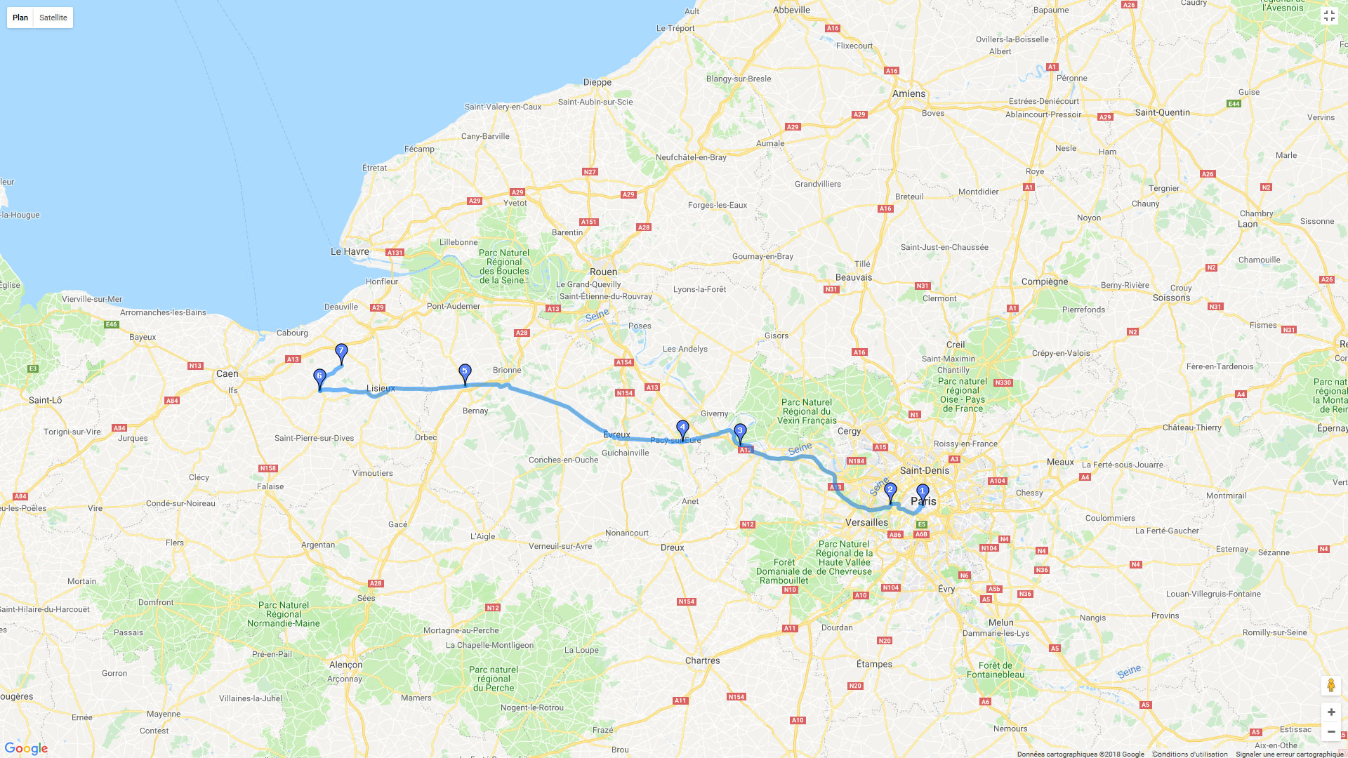 Pour zoomer sur la carte et avoir plus de détails, connectez-vous ! Carte roadbook Paris Normandie Jour 1