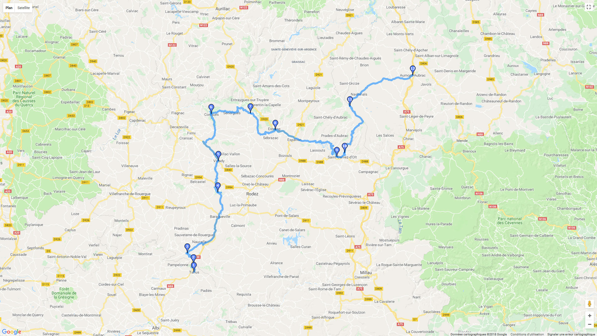 Pour zoomer sur la carte et avoir plus de détails, connectez-vous ! Carte roadbook De Tanus à Aumont Aubrac