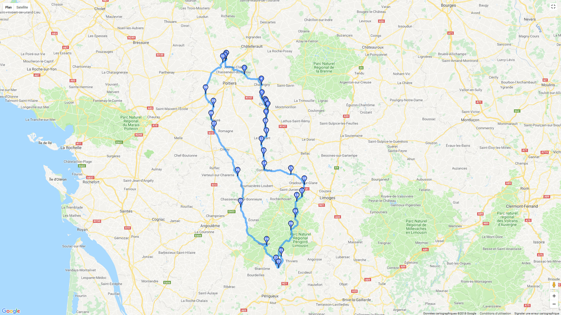 Pour zoomer sur la carte et avoir plus de détails, connectez-vous ! Carte roadbook Entre Poitou, Limousin et Périgord
