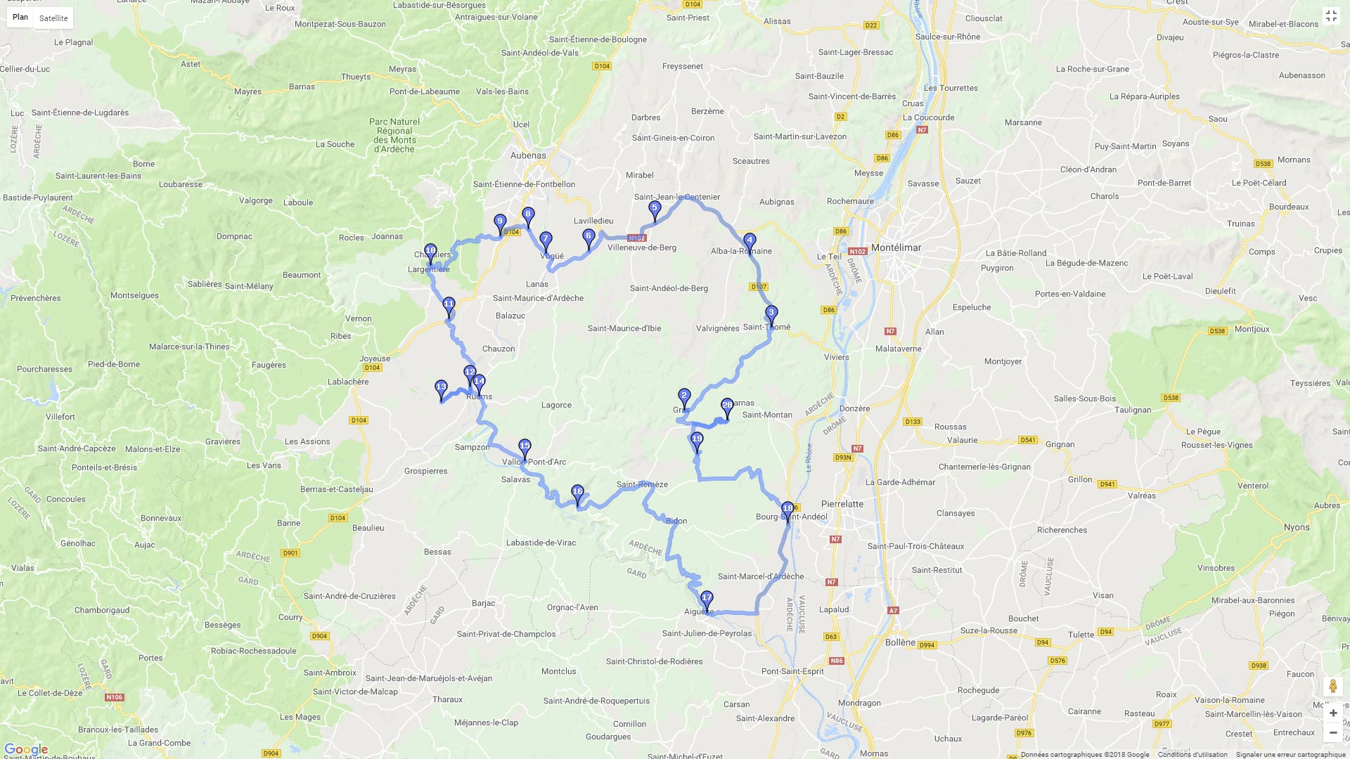 Pour zoomer sur la carte et avoir plus de détails, connectez-vous ! Carte roadbook L'Ardèche du sud et les gorges - Variante