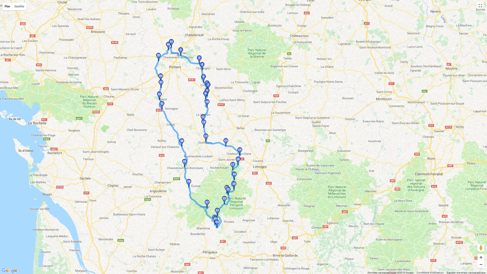 Pour zoomer sur la carte et avoir plus de détails, connectez-vous ! Carte roadbook Entre Poitou, Limousin et Périgord - bis
